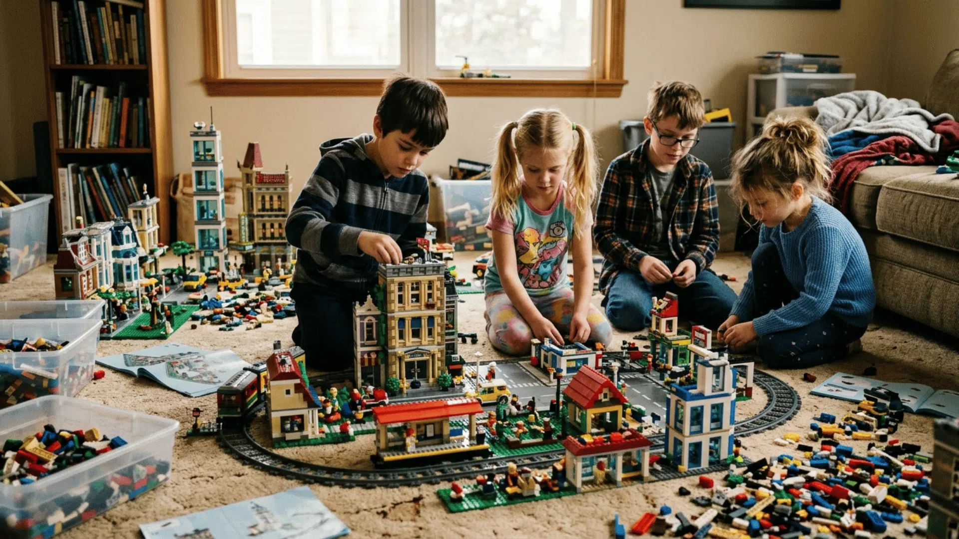 kids building a detailed LEGO city on the floor indoors