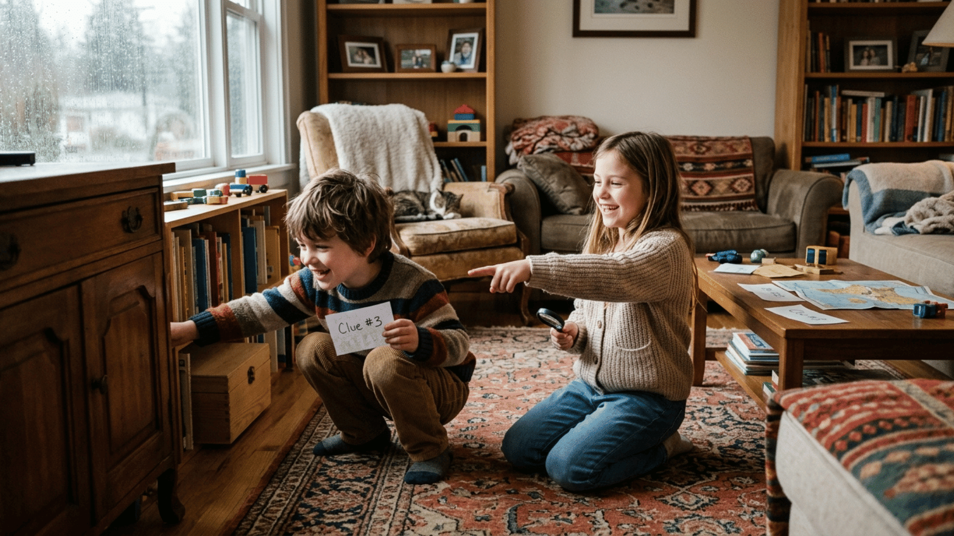 two children searching around the house during an indoor treasure hunt activity