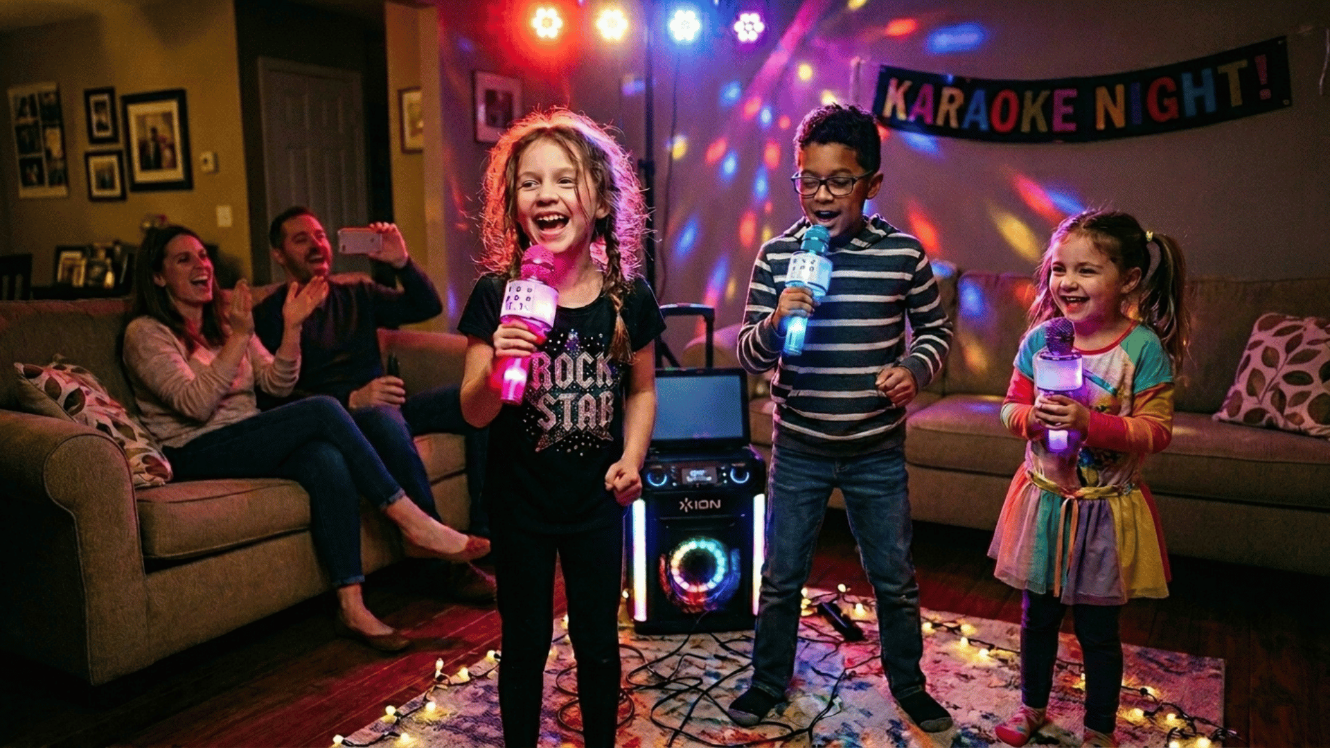 children singing karaoke with microphones during an indoor family activity.