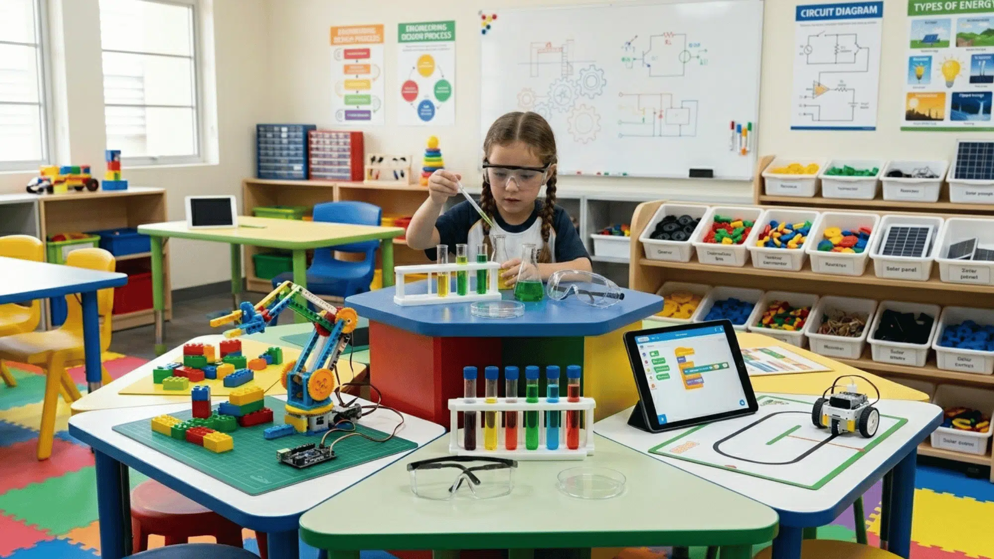 child conducts a science experiment in a stem lab surrounded by robotics and tools.