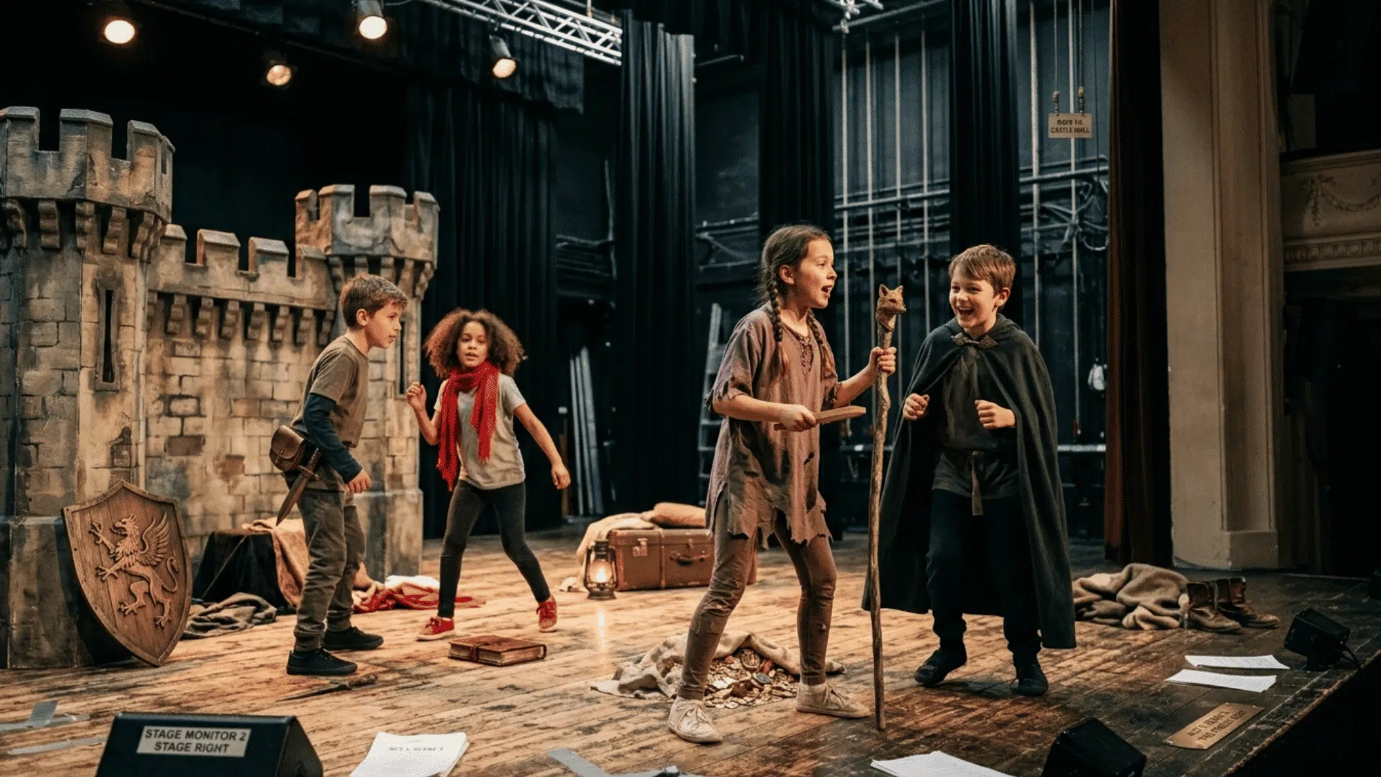 children rehearse a fantasy scene on stage with costumes, props, and castle sets.