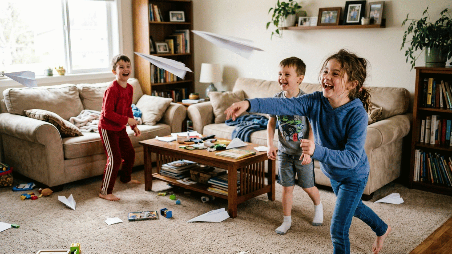 children throwing paper airplanes indoors during a rainy day activity.