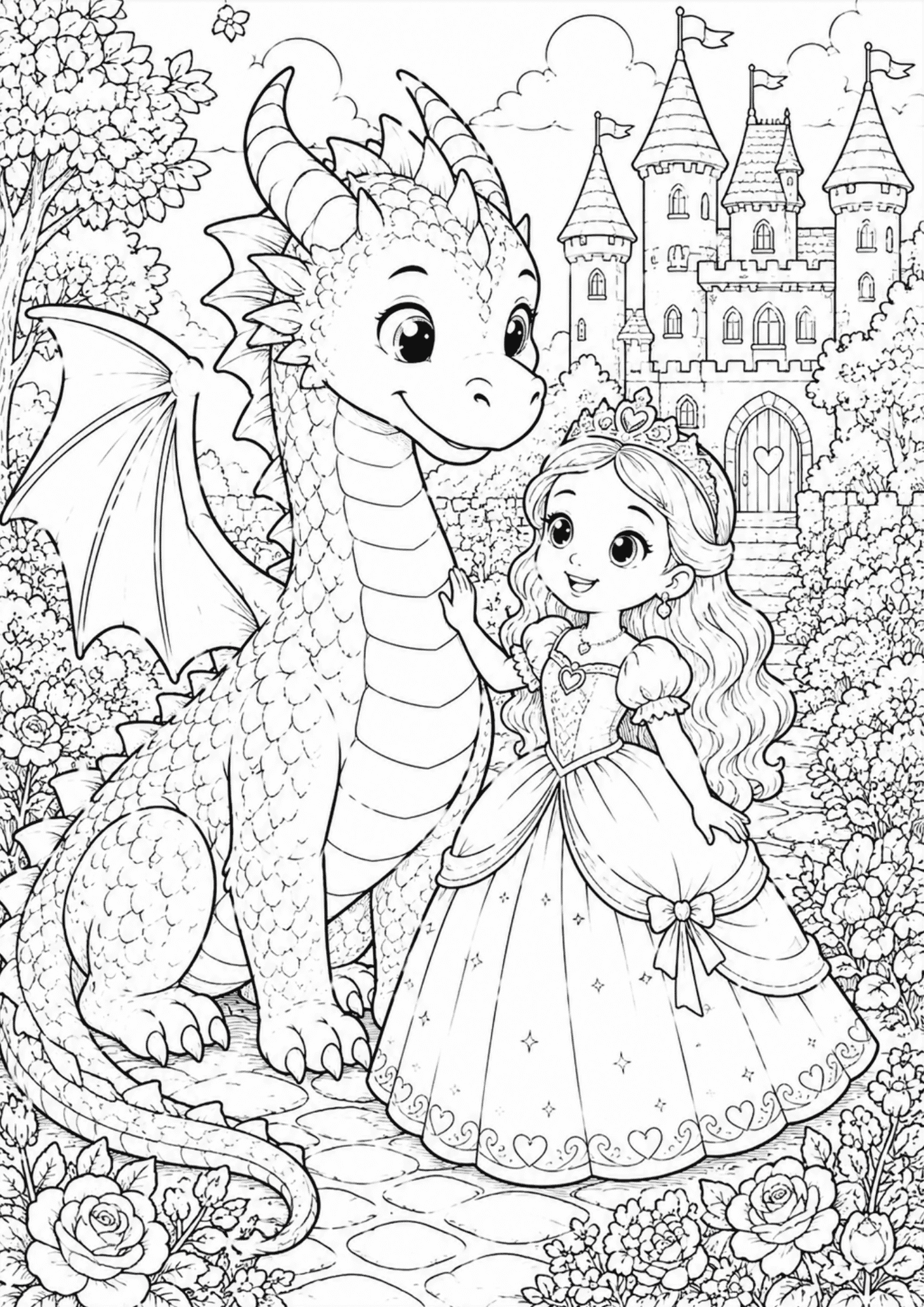 _Kind dragon beside a smiling princess in a castle garden with flowers, fairy tale fantasy coloring scene for kids.