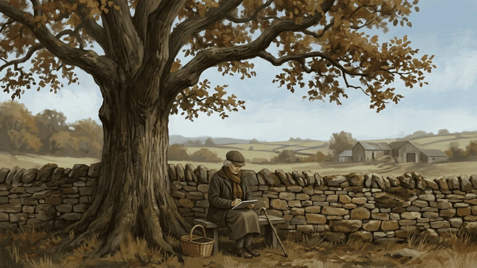 large tree and stone wall forming an L-shaped frame around the main subject in the landscape