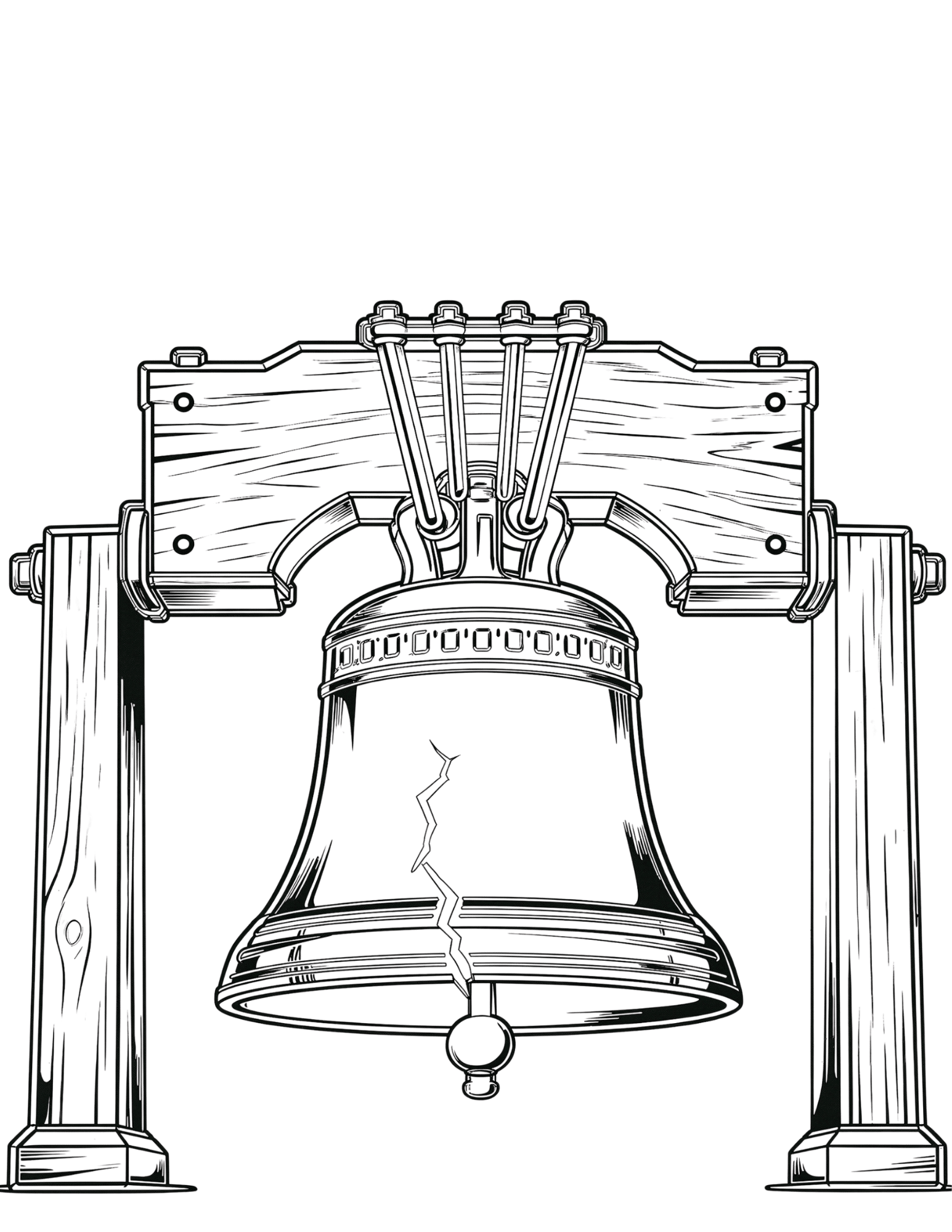 liberty bell with historic details in black and white outline coloring page for independence day