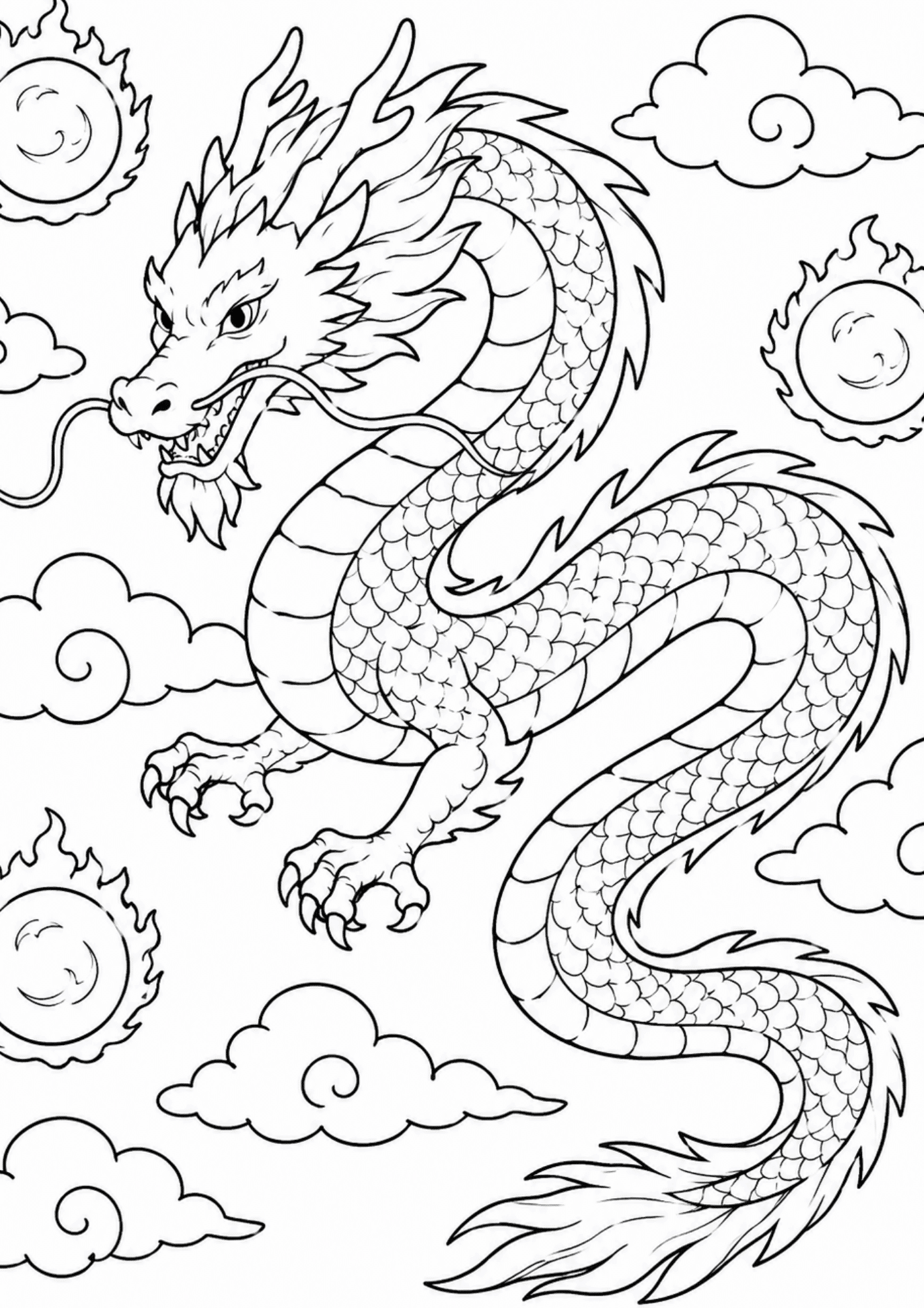 Long eastern dragon floating through clouds with glowing orbs, simple bold black outlines, printable coloring page.