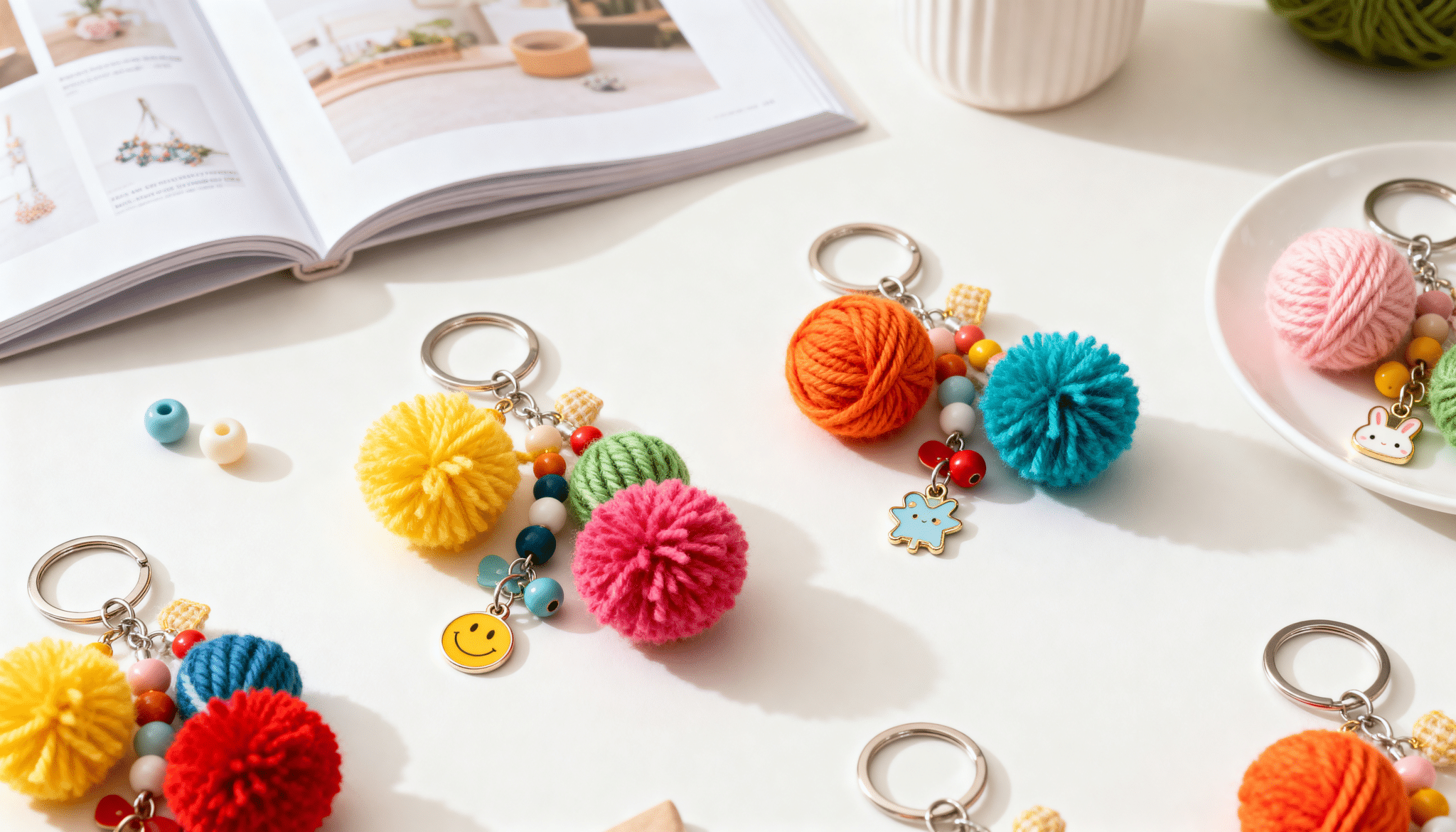 Colorful pom pom keychains and bag charms with beads and small charms on a craft table.