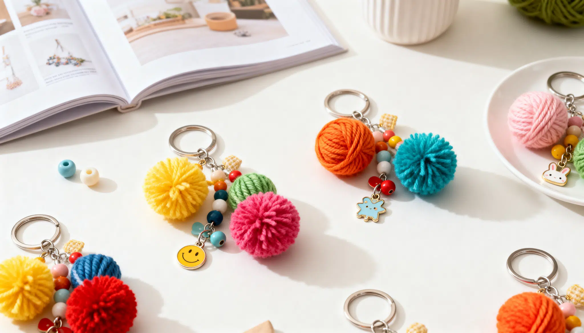 Colorful pom pom keychains and bag charms with beads and small charms on a craft table.