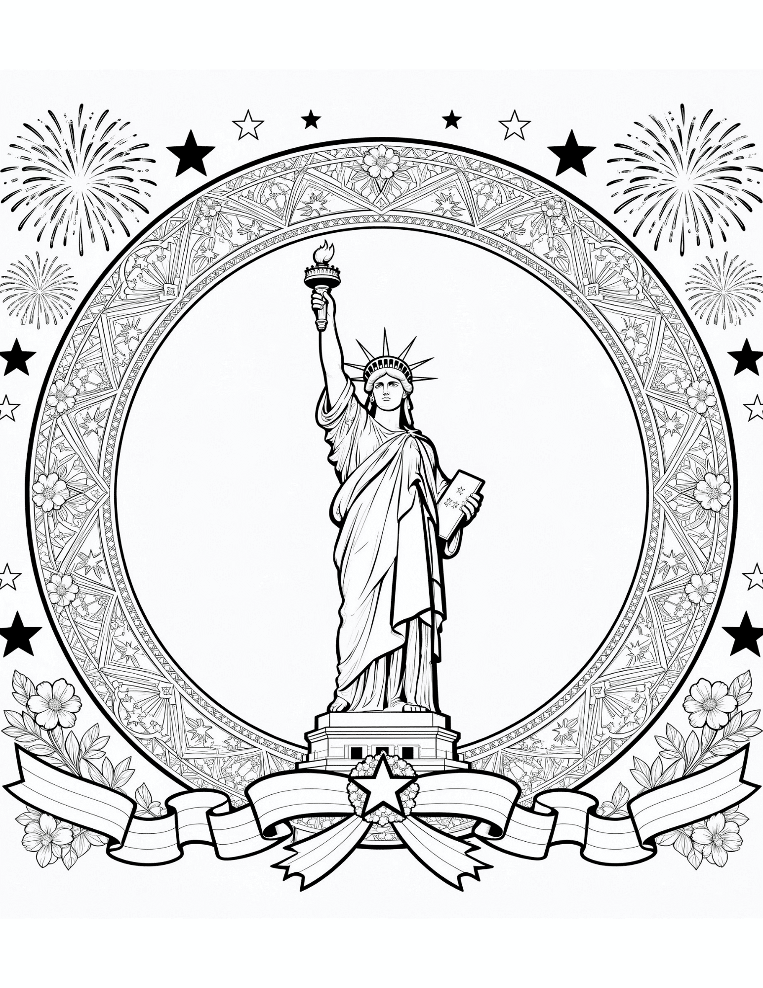 patriotic fourth of july mandala with stars stripes and fireworks black outline coloring page design