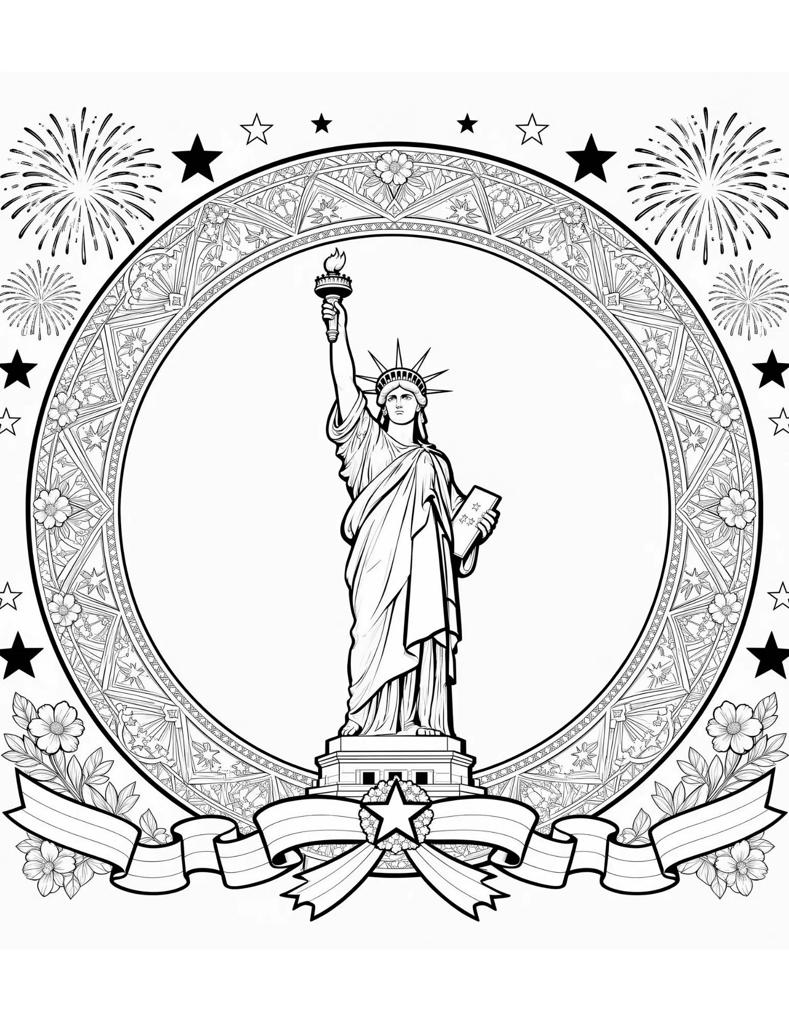 patriotic fourth of july mandala with stars stripes and fireworks black outline coloring page design