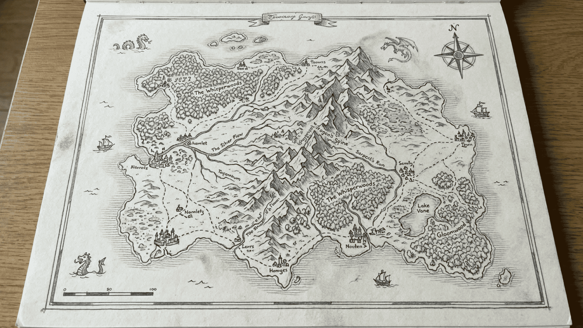 fantasy map pencil sketch with mountains rivers forests roads and tiny settlements