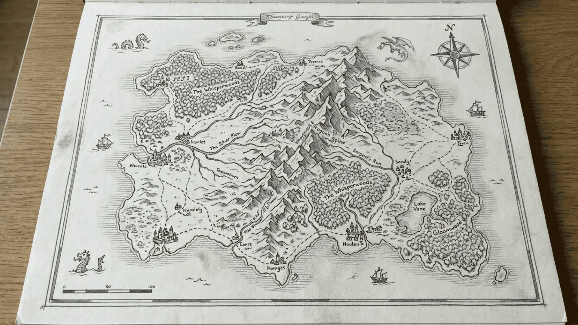 fantasy map pencil sketch with mountains rivers forests roads and tiny settlements