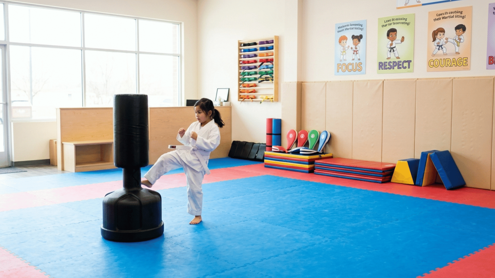 child practices a kick against a training bag in a martial arts classroom.