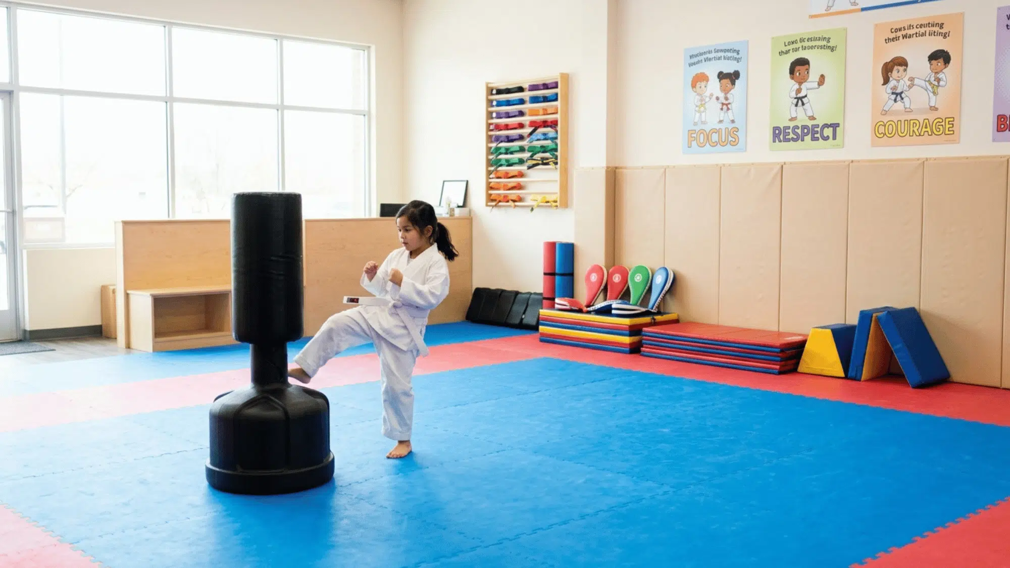 child practices a kick against a training bag in a martial arts classroom.