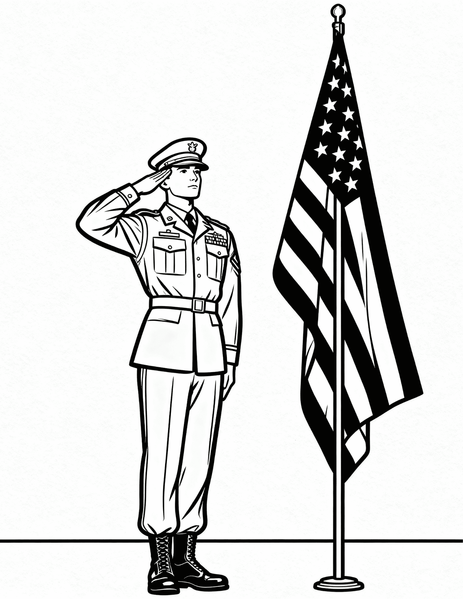 soldier saluting american flag black outline coloring page honoring military and veterans