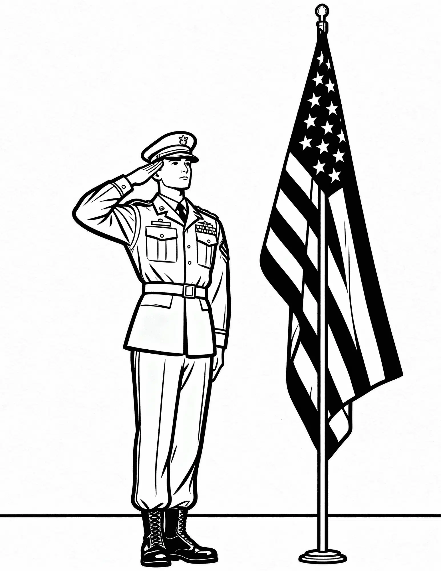 soldier saluting american flag black outline coloring page honoring military and veterans