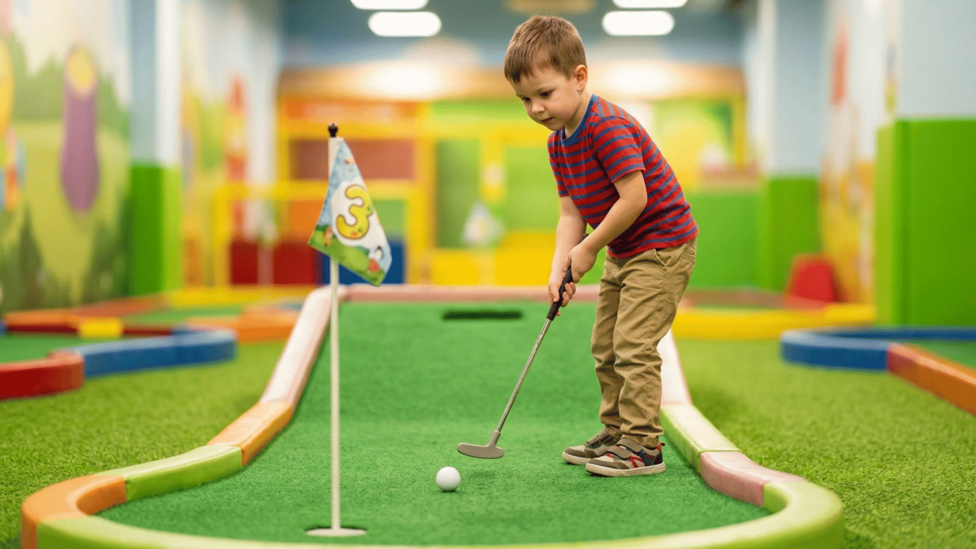 young child lines up a putt on a colorful indoor mini golf course with themed decor.