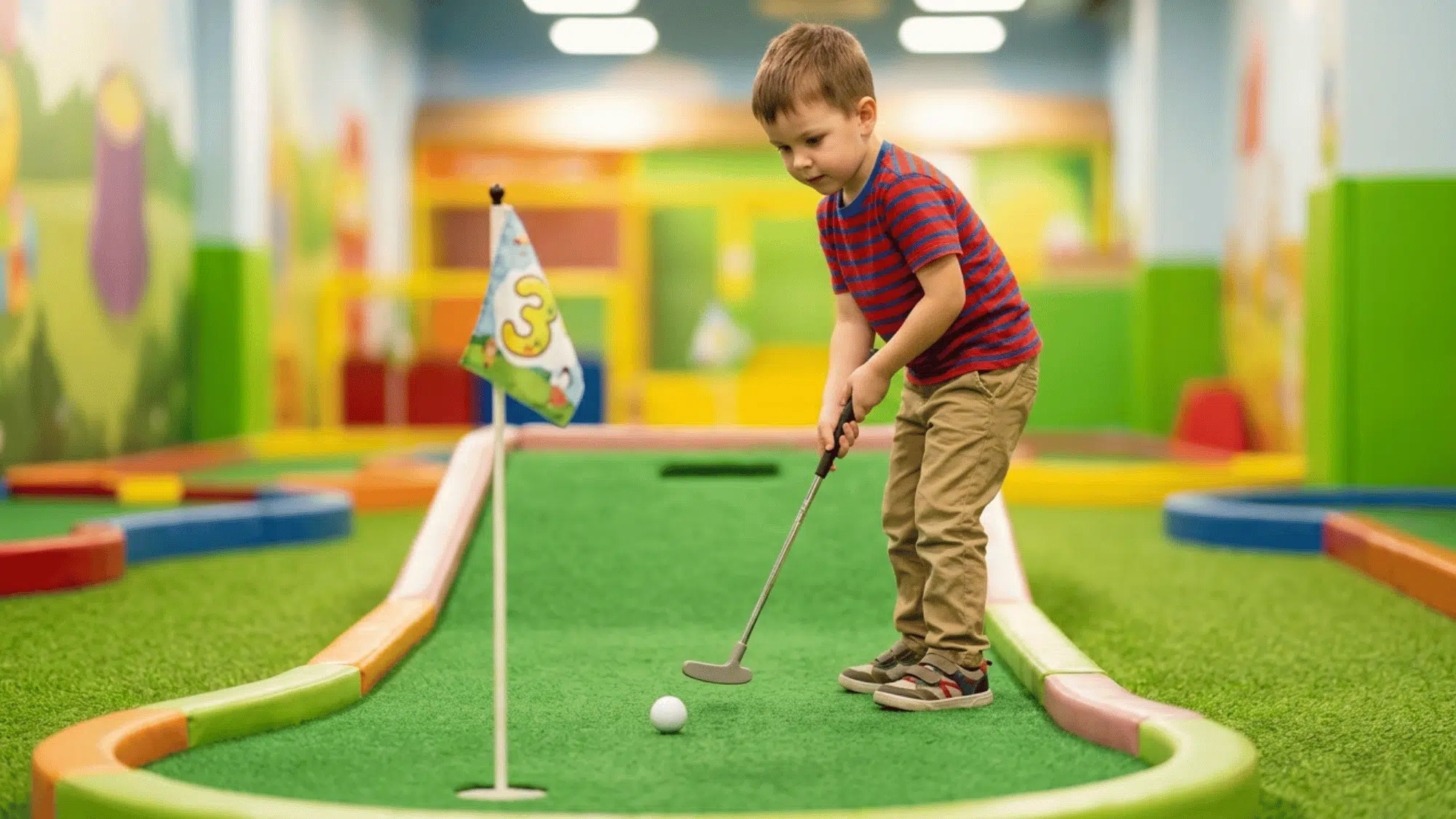 young child lines up a putt on a colorful indoor mini golf course with themed decor.