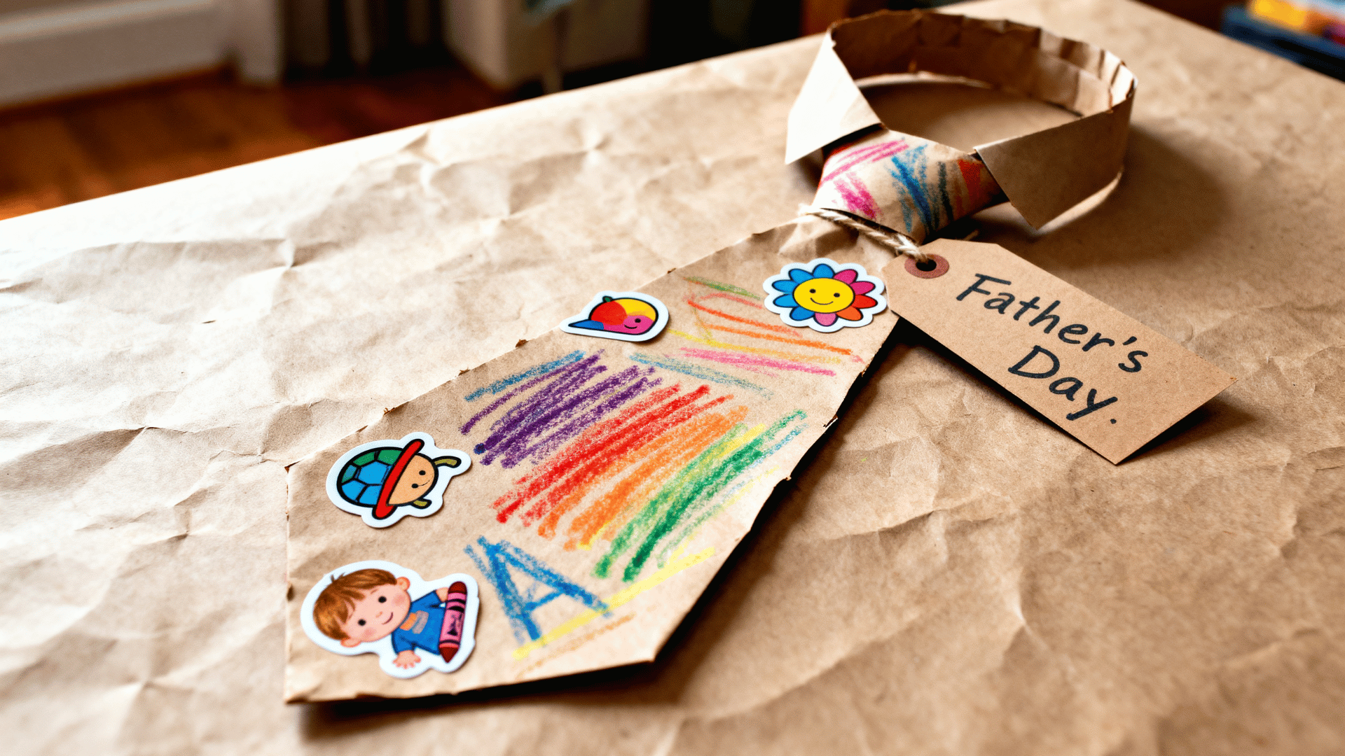 colorful paper tie craft decorated by a toddler with stickers and crayons.