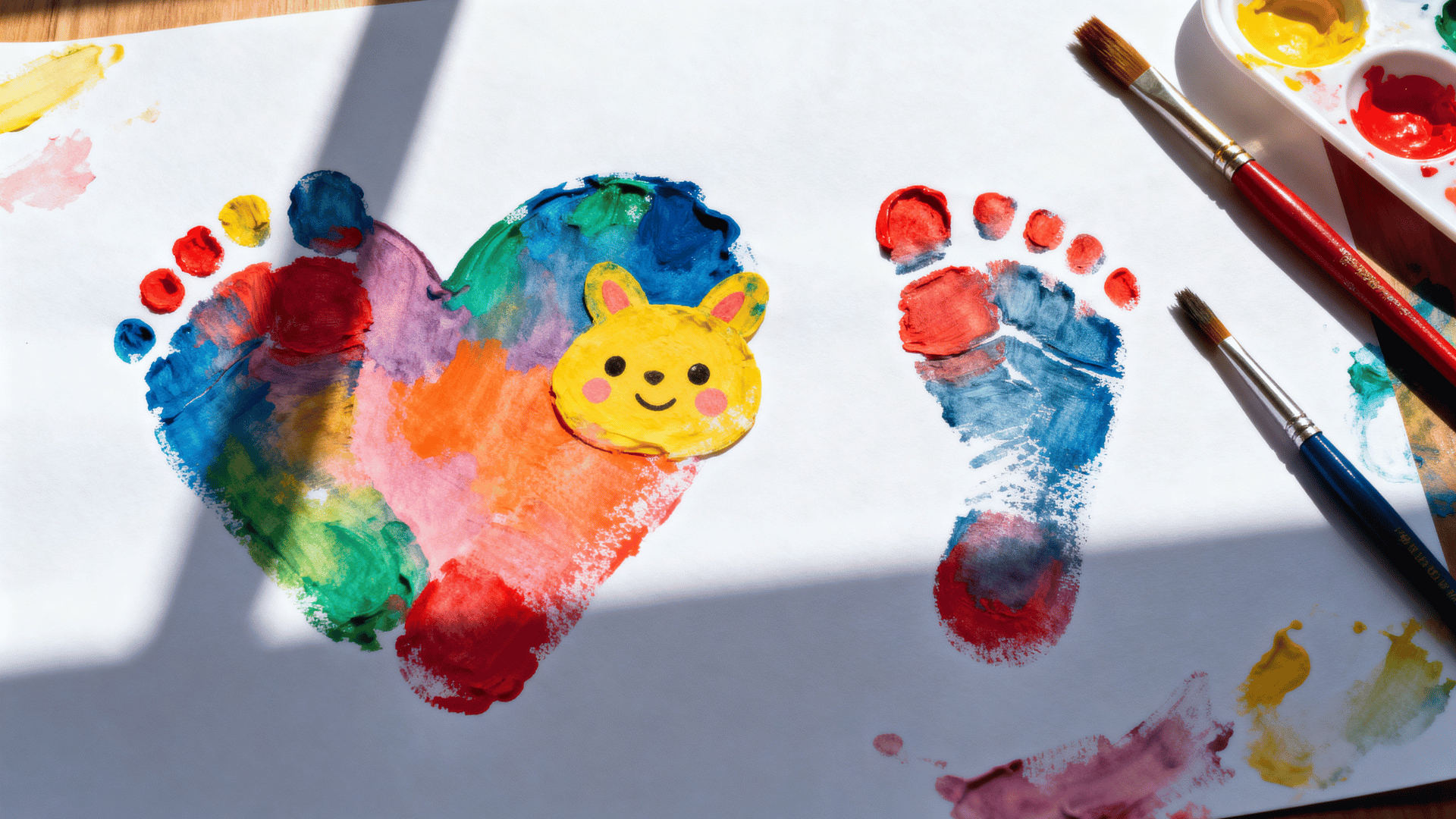 cute footprint Father’s Day craft with painted toddler footprints on white paper.