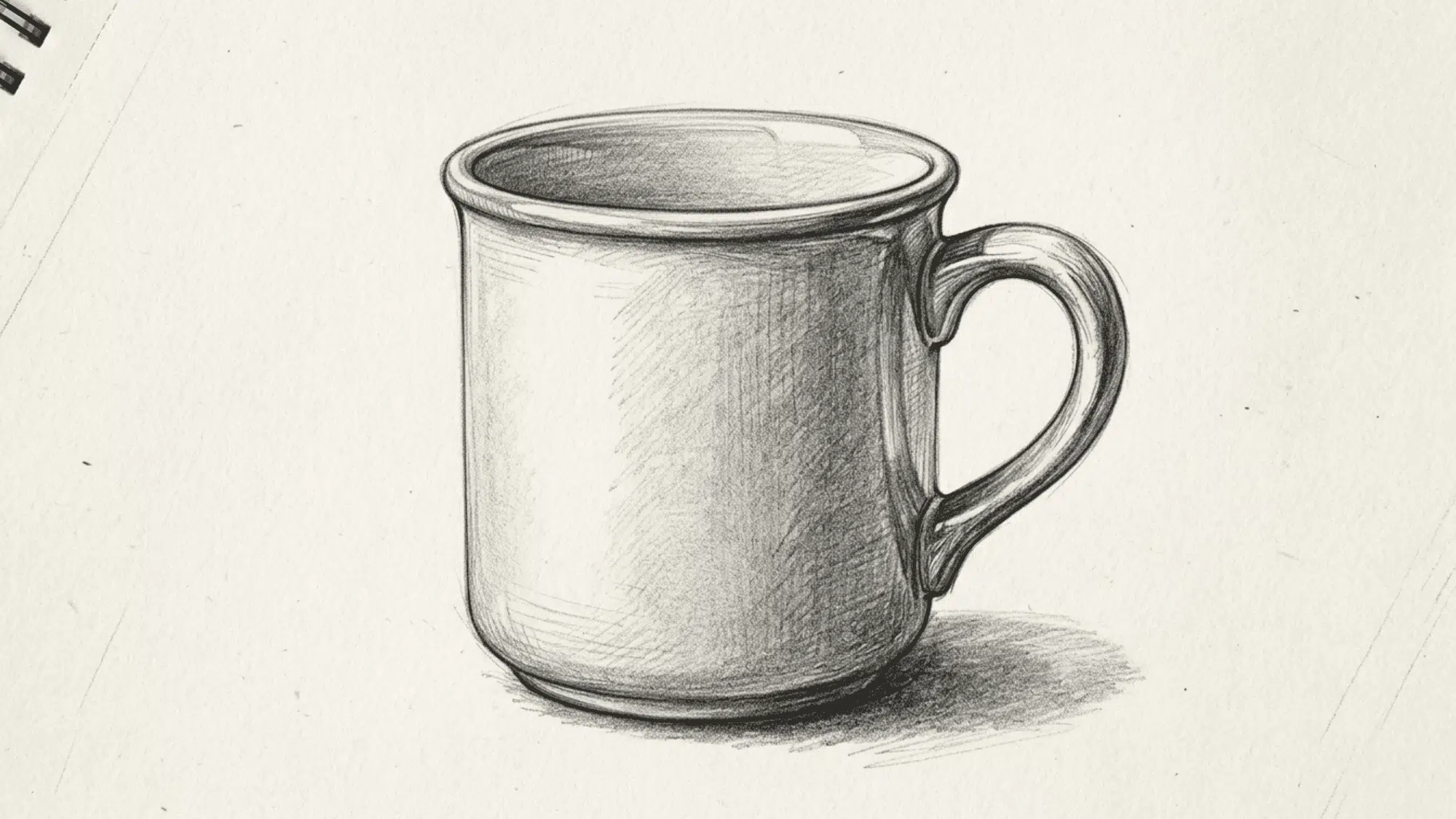 ceramic mug pencil sketch with realistic shading simple composition on clean sketchbook paper