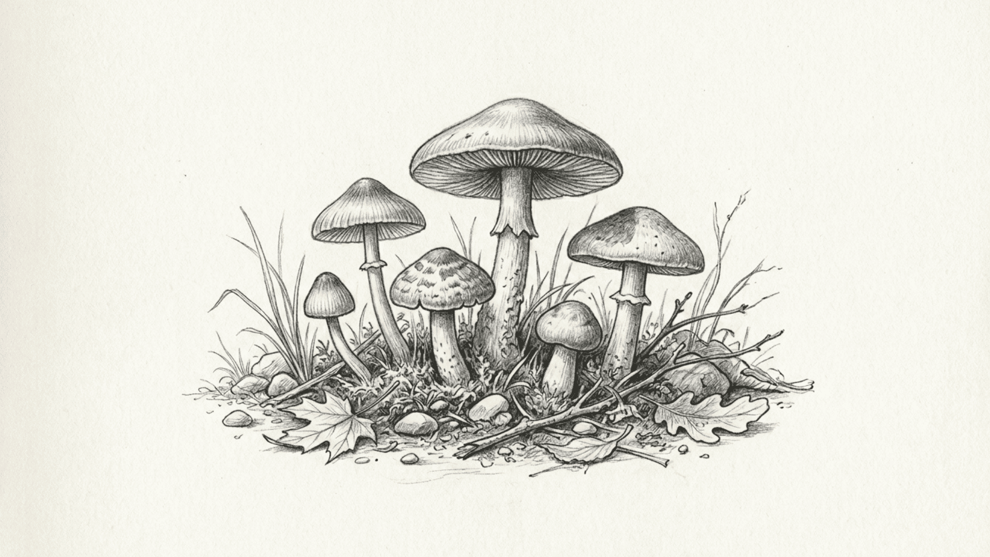 mushrooms growing among grass and stones pencil sketch with forest floor details and soft shading