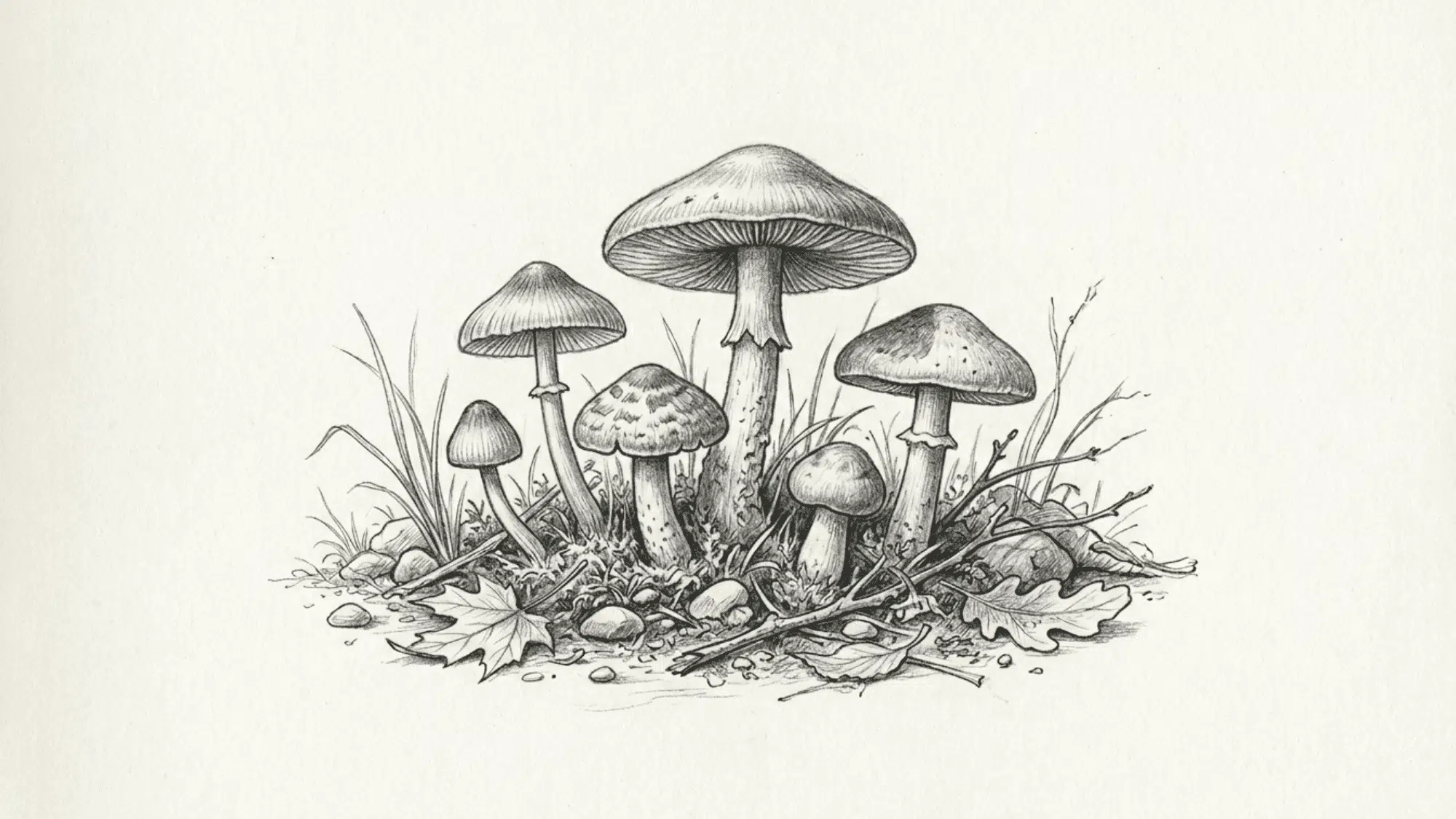 mushrooms growing among grass and stones pencil sketch with forest floor details and soft shading