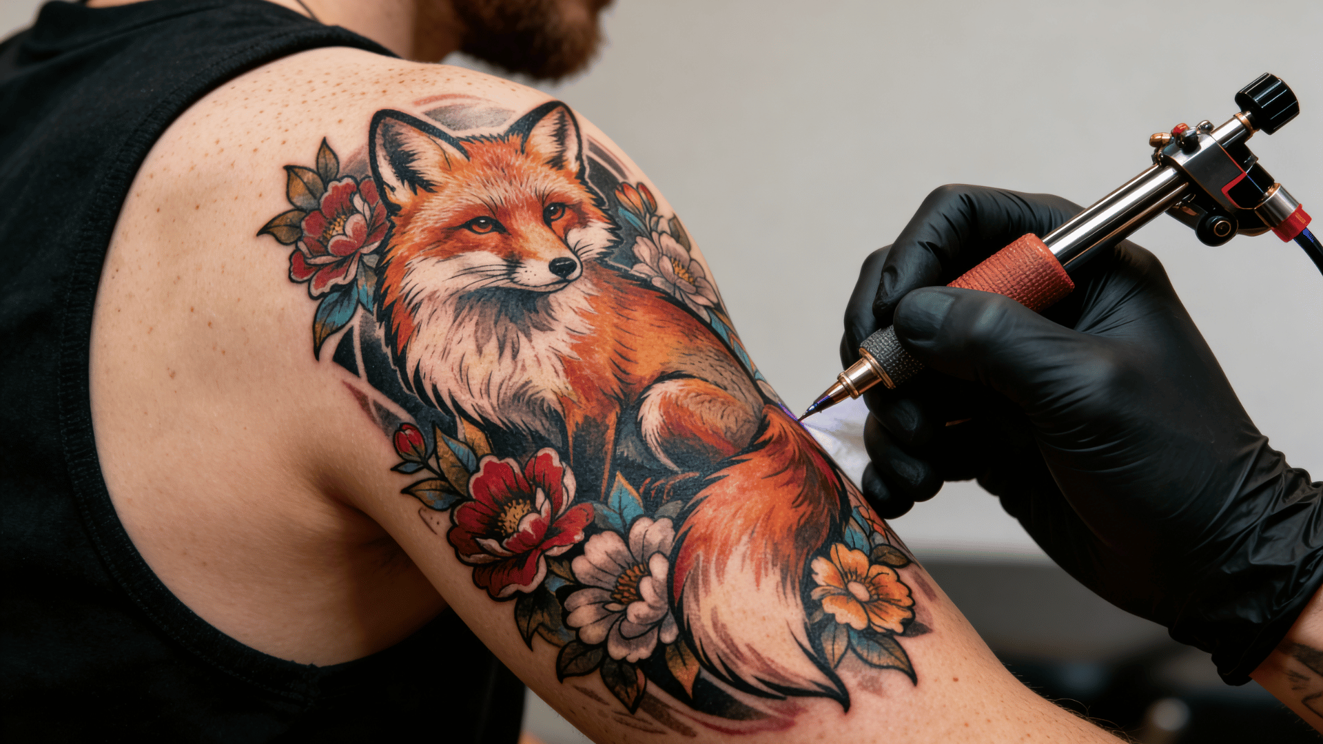 close-up of a neo-traditional fox and flower tattoo being inked on an upper arm, featuring vibrant colors, detailed shading, and strong outlines