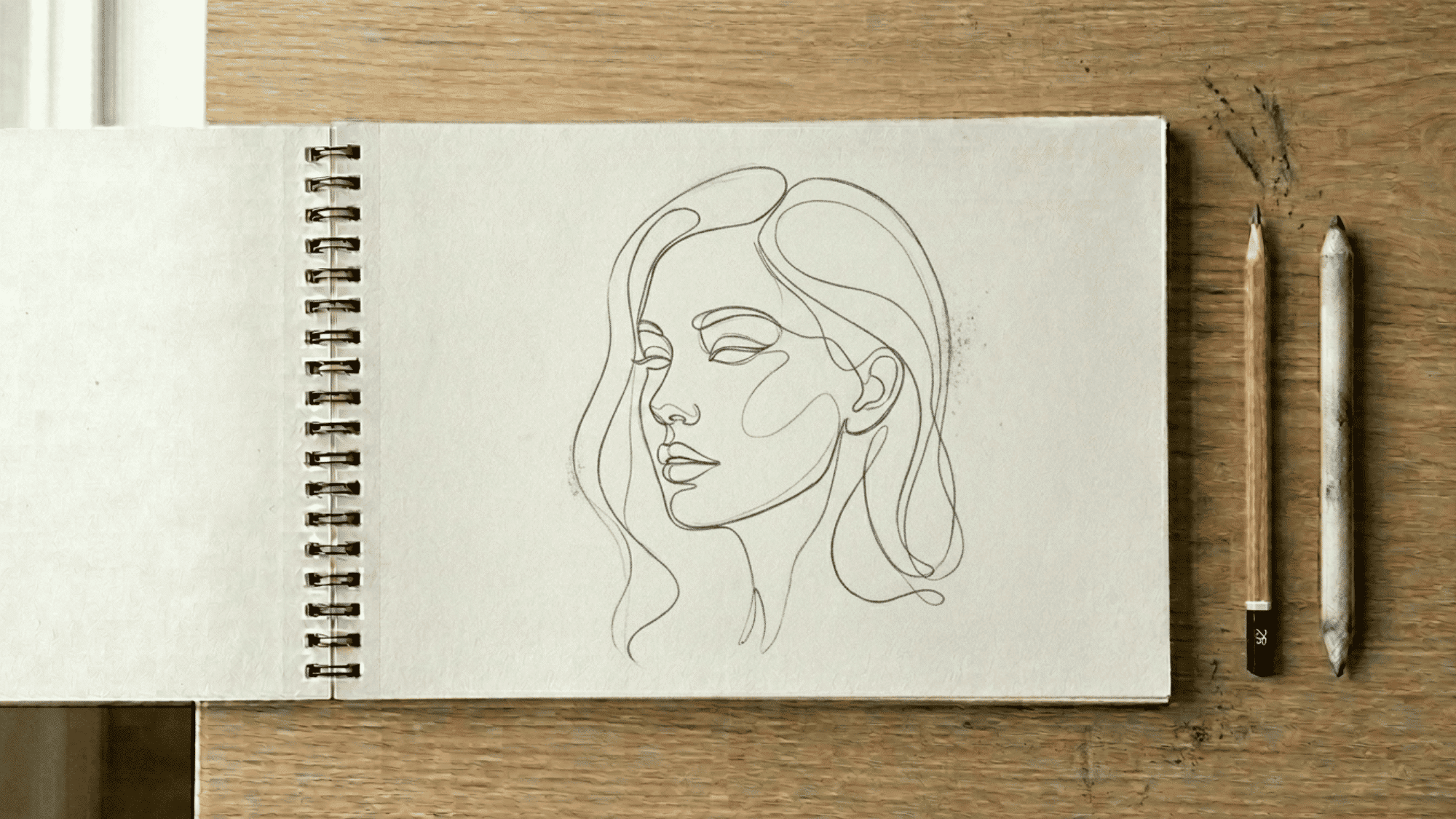 sketchbook on artist desk showing a continuous line drawing of a face