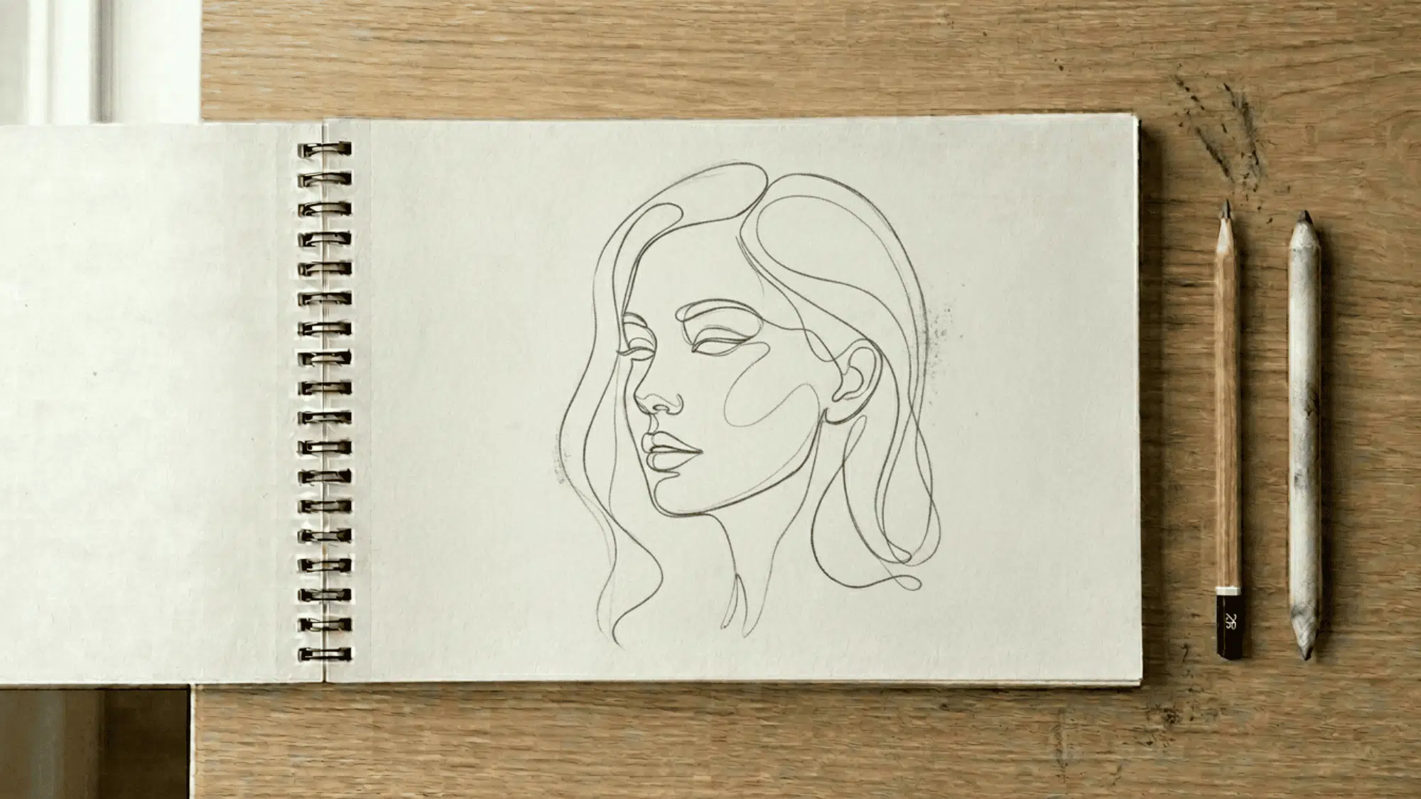 sketchbook on artist desk showing a continuous line drawing of a face