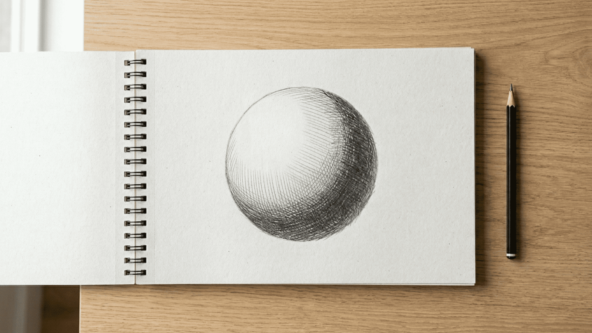 sketchbook on artist desk showing hatching lines on a shaded sphere