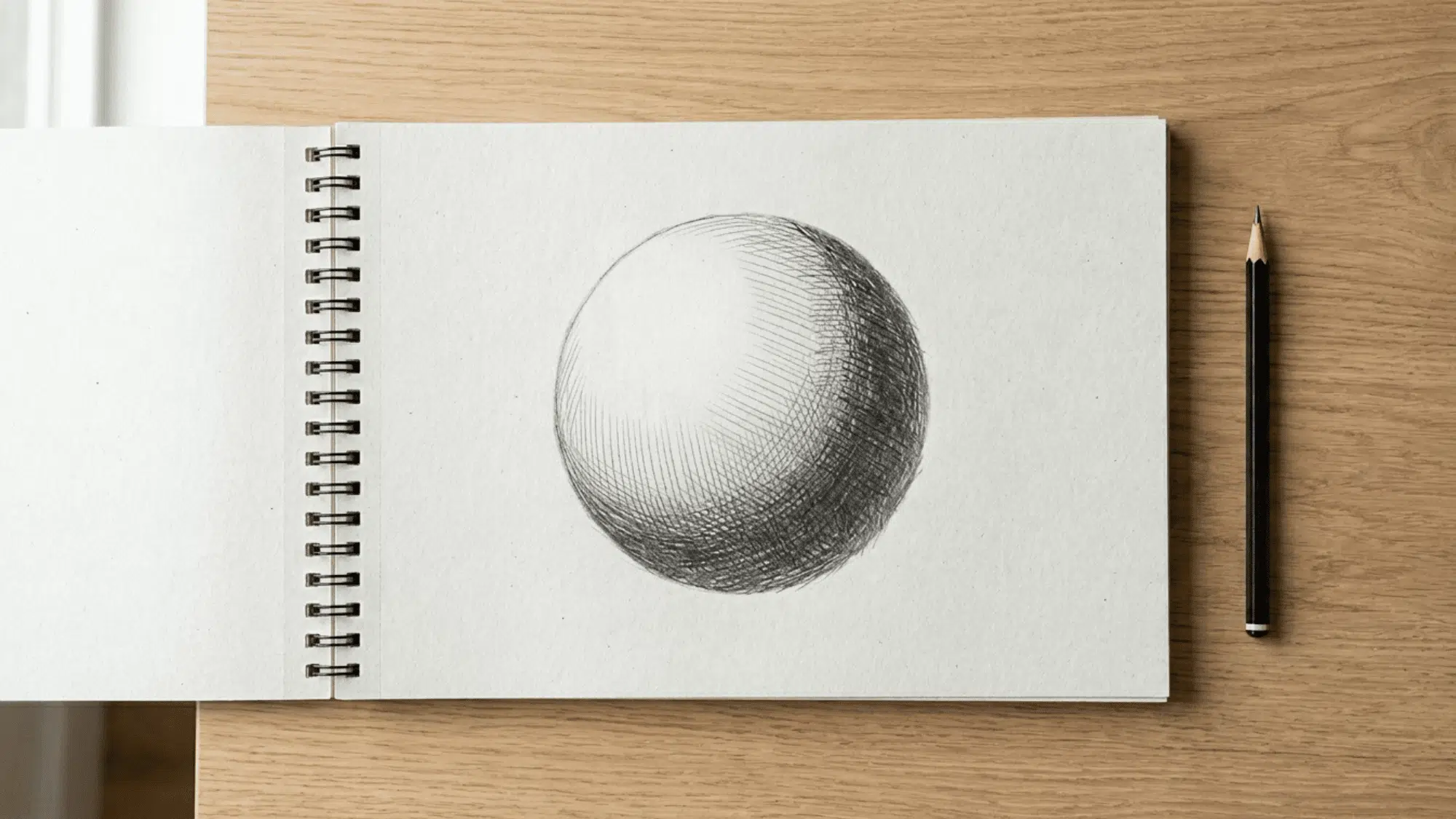 sketchbook on artist desk showing hatching lines on a shaded sphere