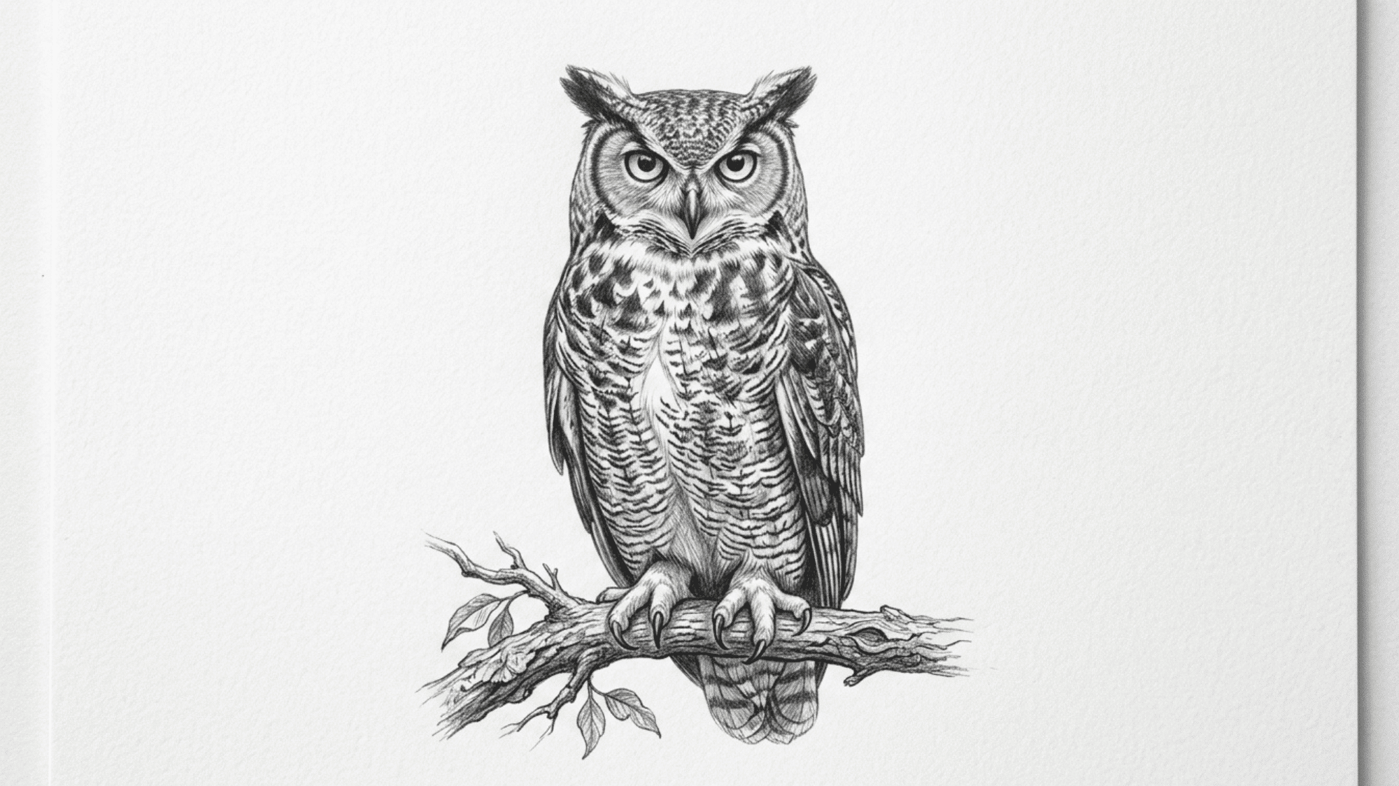owl perched on a branch pencil sketch with detailed feathers and realistic eyes