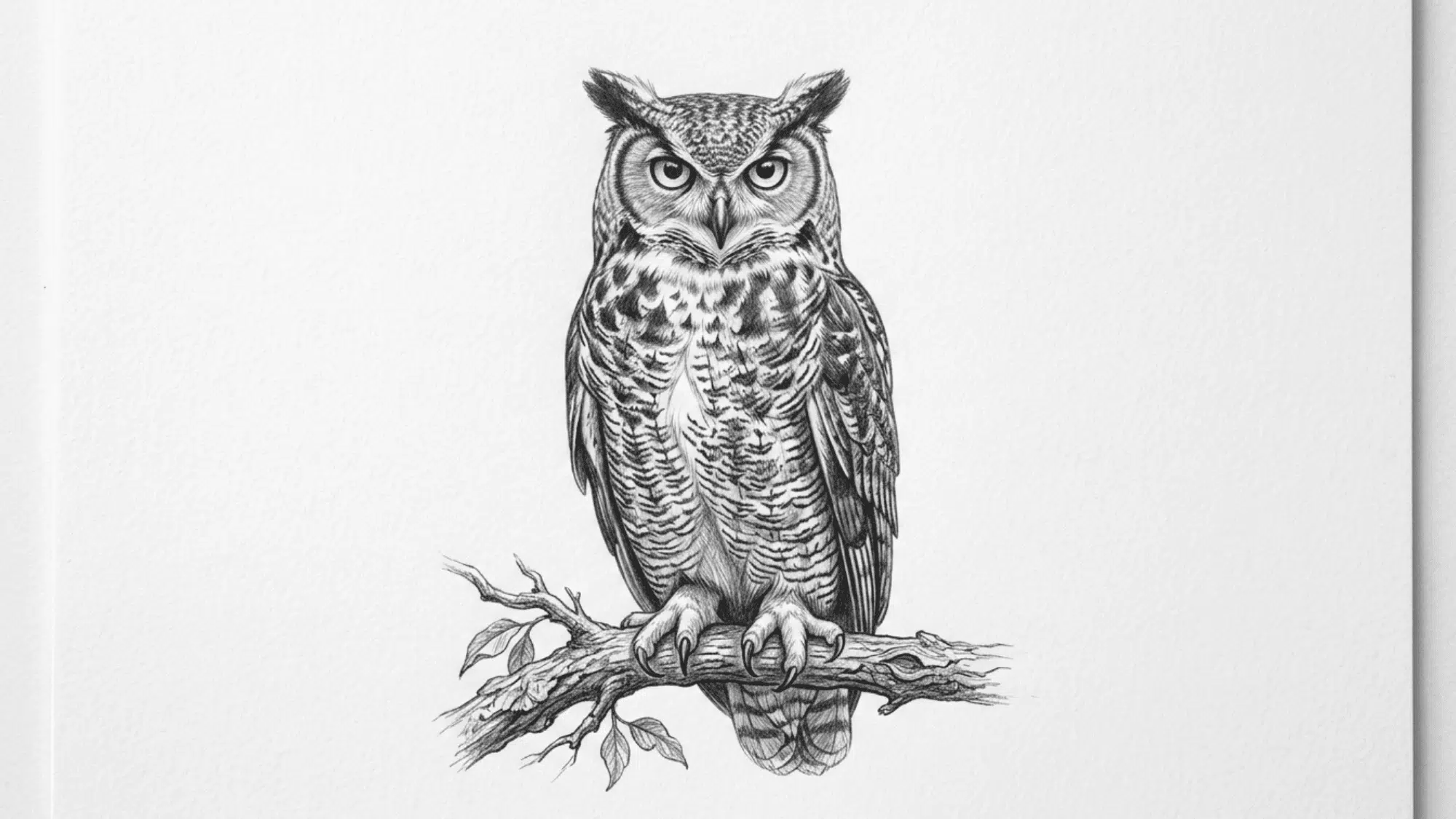owl perched on a branch pencil sketch with detailed feathers and realistic eyes