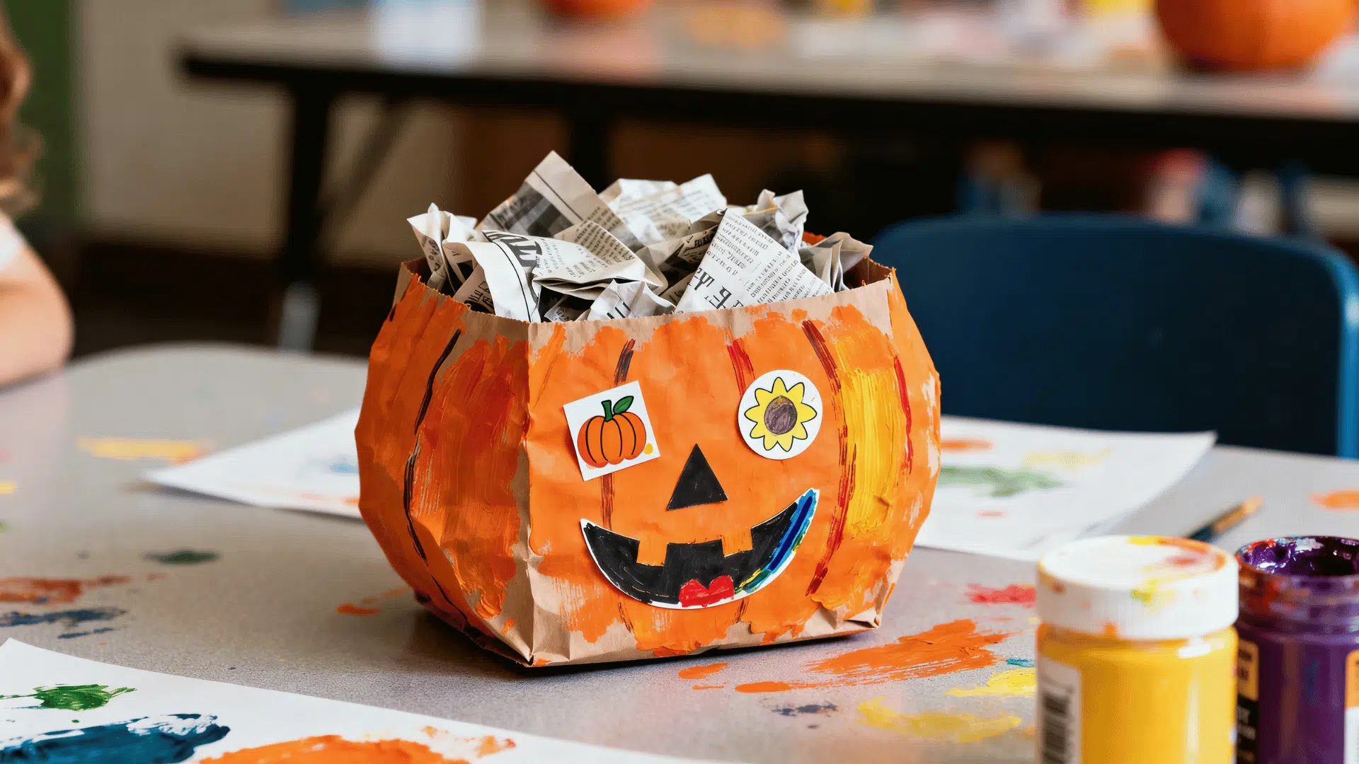 paper bag pumpkin craft painted orange and decorated with a simple pumpkin face.