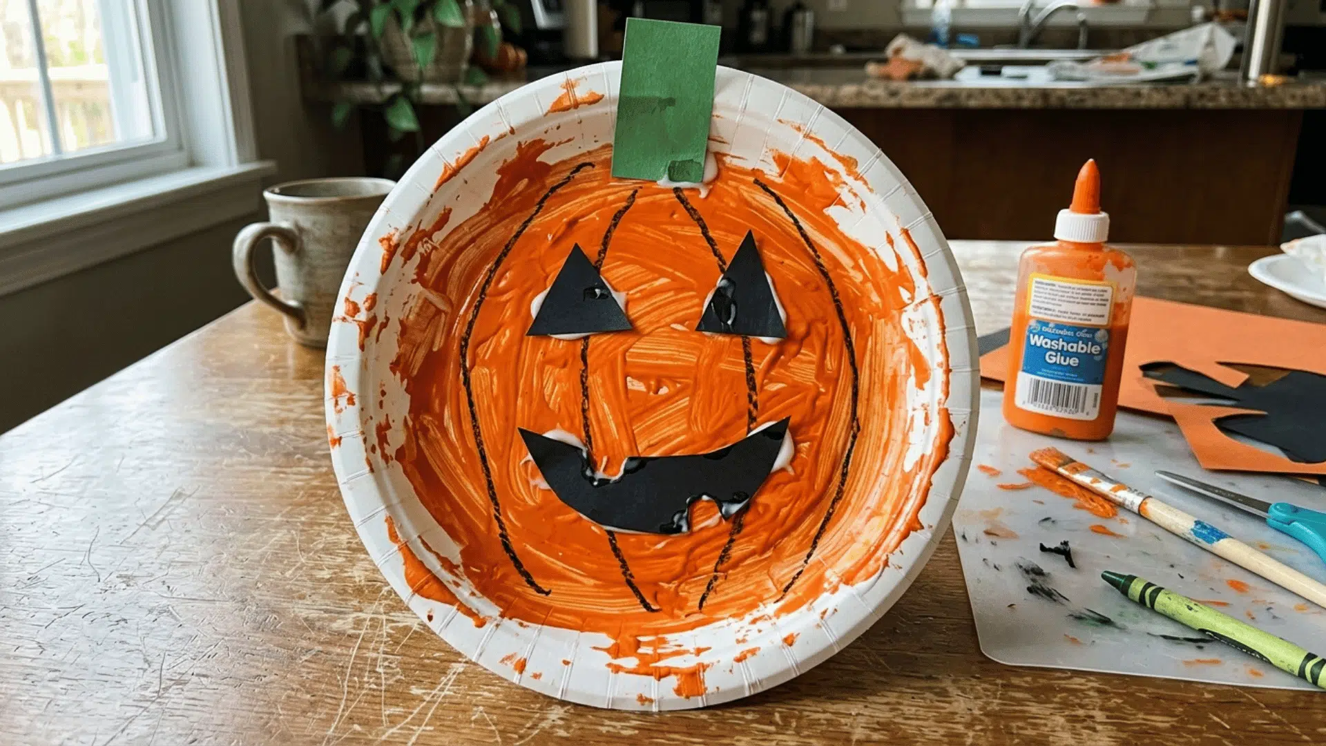 easy pumpkin paper plate craft made by a toddler using paint and paper cutouts.