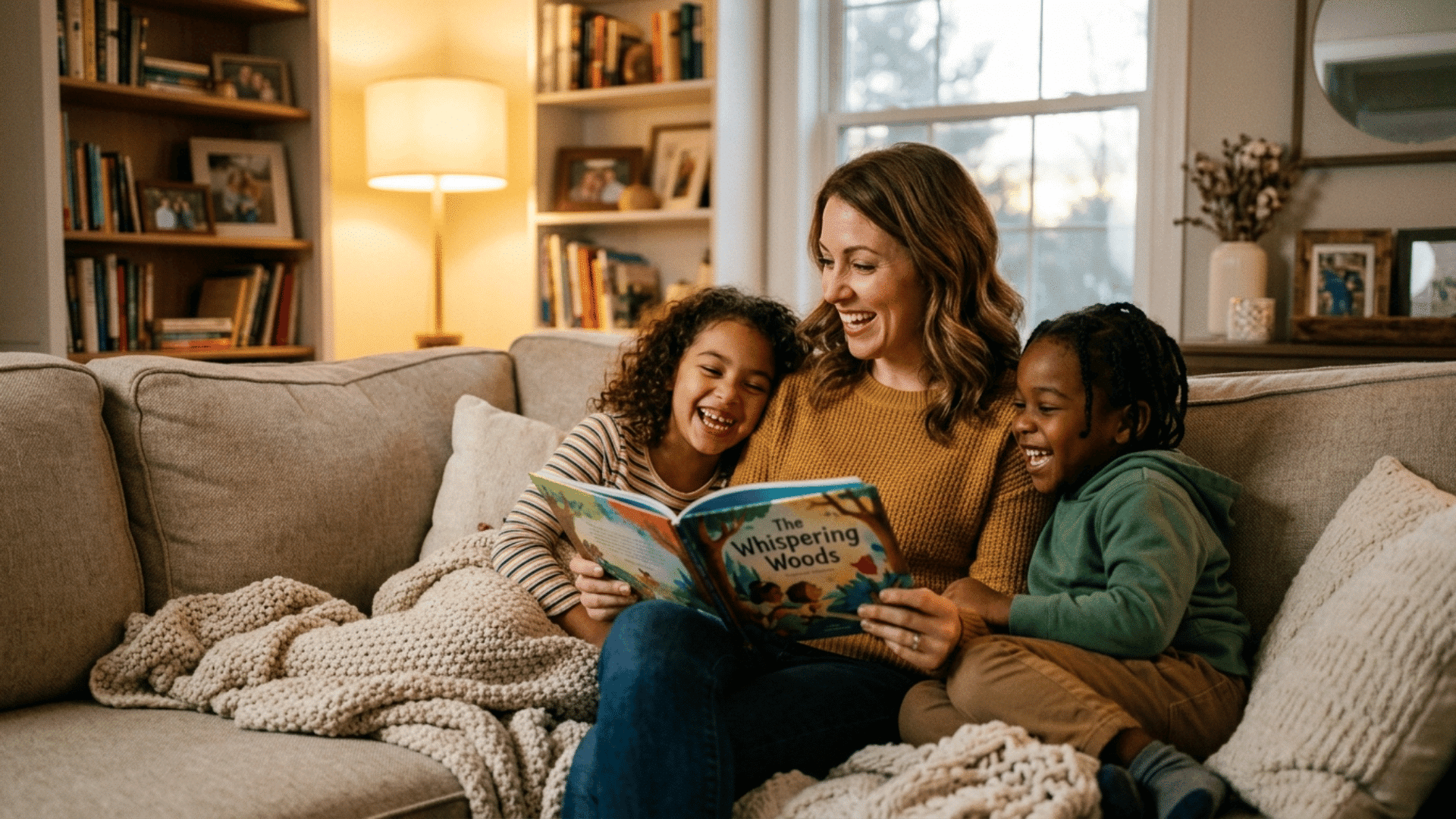 parent reading a storybook to laughing children using funny character voices.