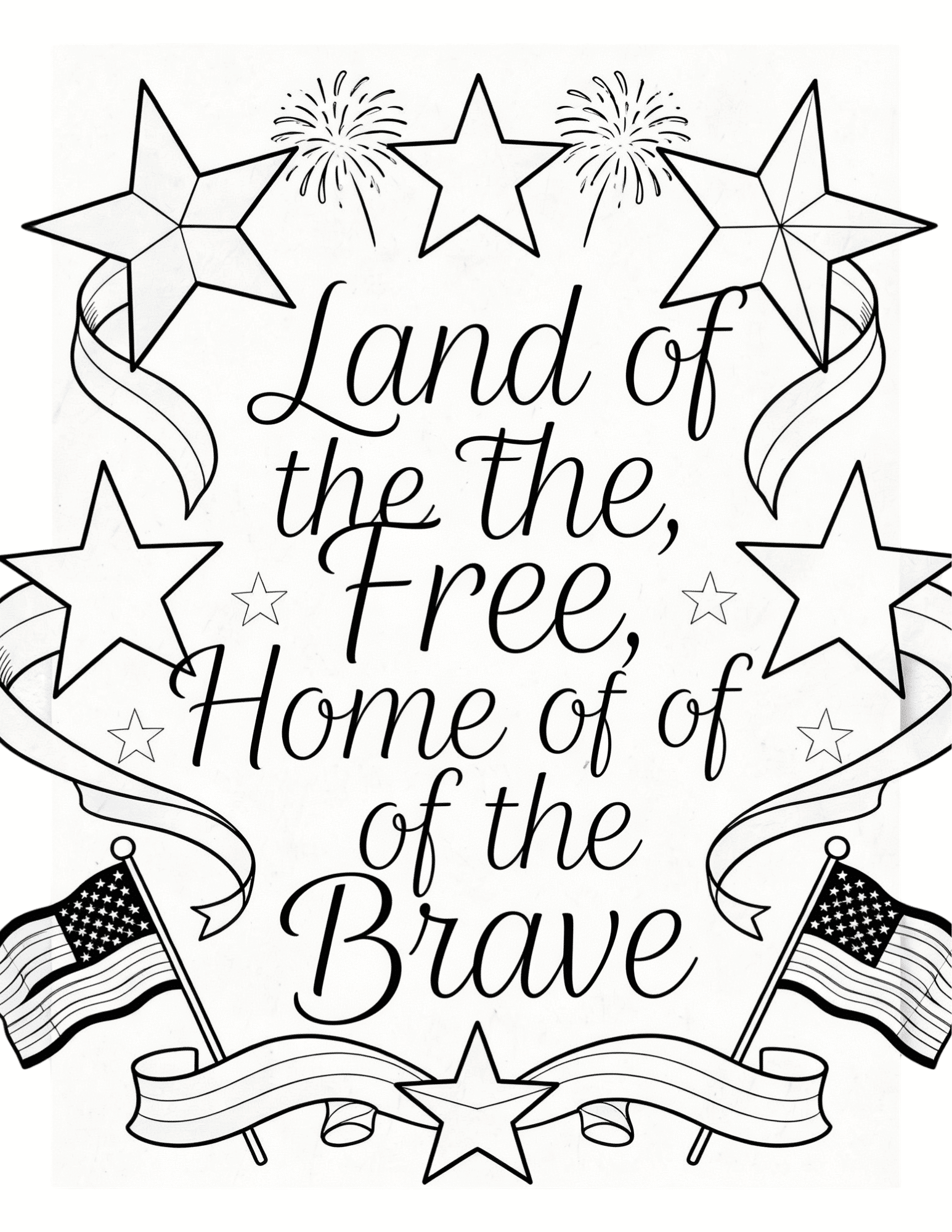 land of the free patriotic quote with stars and fireworks black outline coloring page design