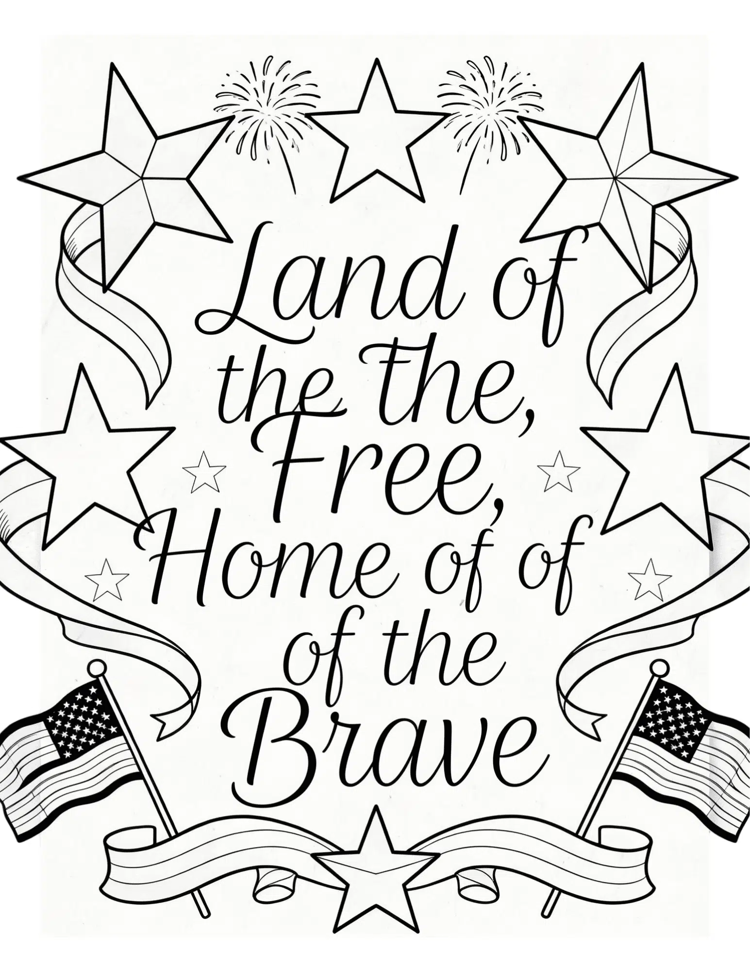 land of the free patriotic quote with stars and fireworks black outline coloring page design