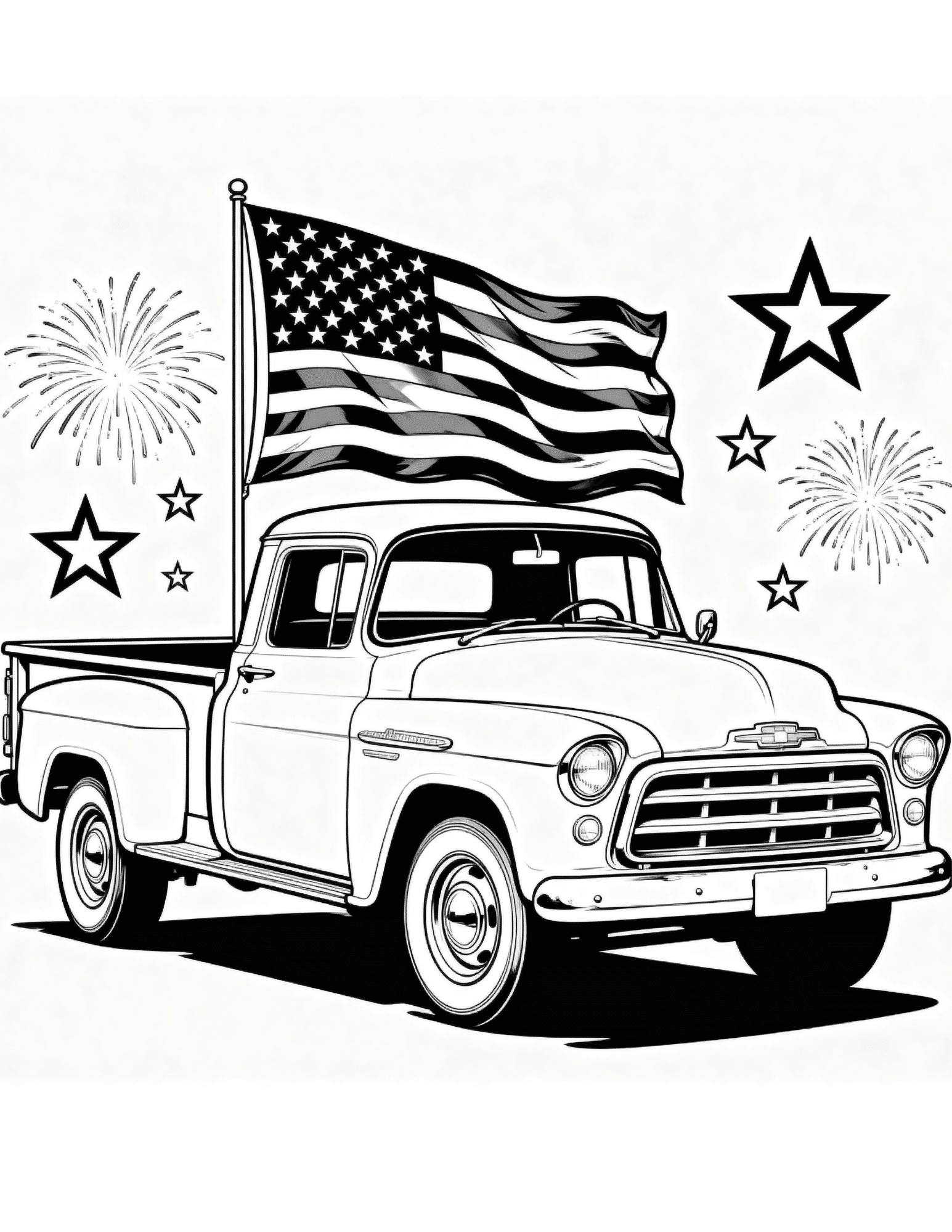 vintage patriotic pickup truck carrying american flag black outline coloring page for july