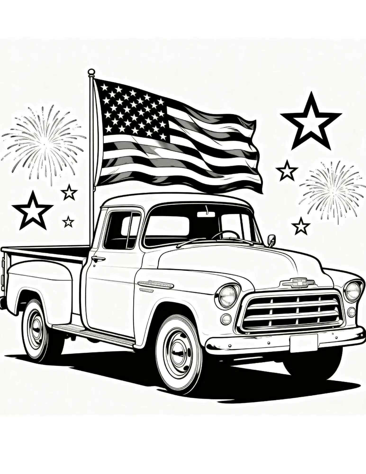 vintage patriotic pickup truck carrying american flag black outline coloring page for july