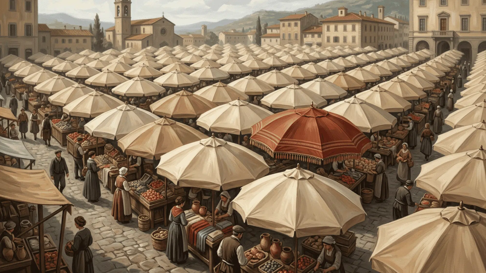 rows of market umbrellas form a repeating pattern, with one contrasting umbrella as the focal point