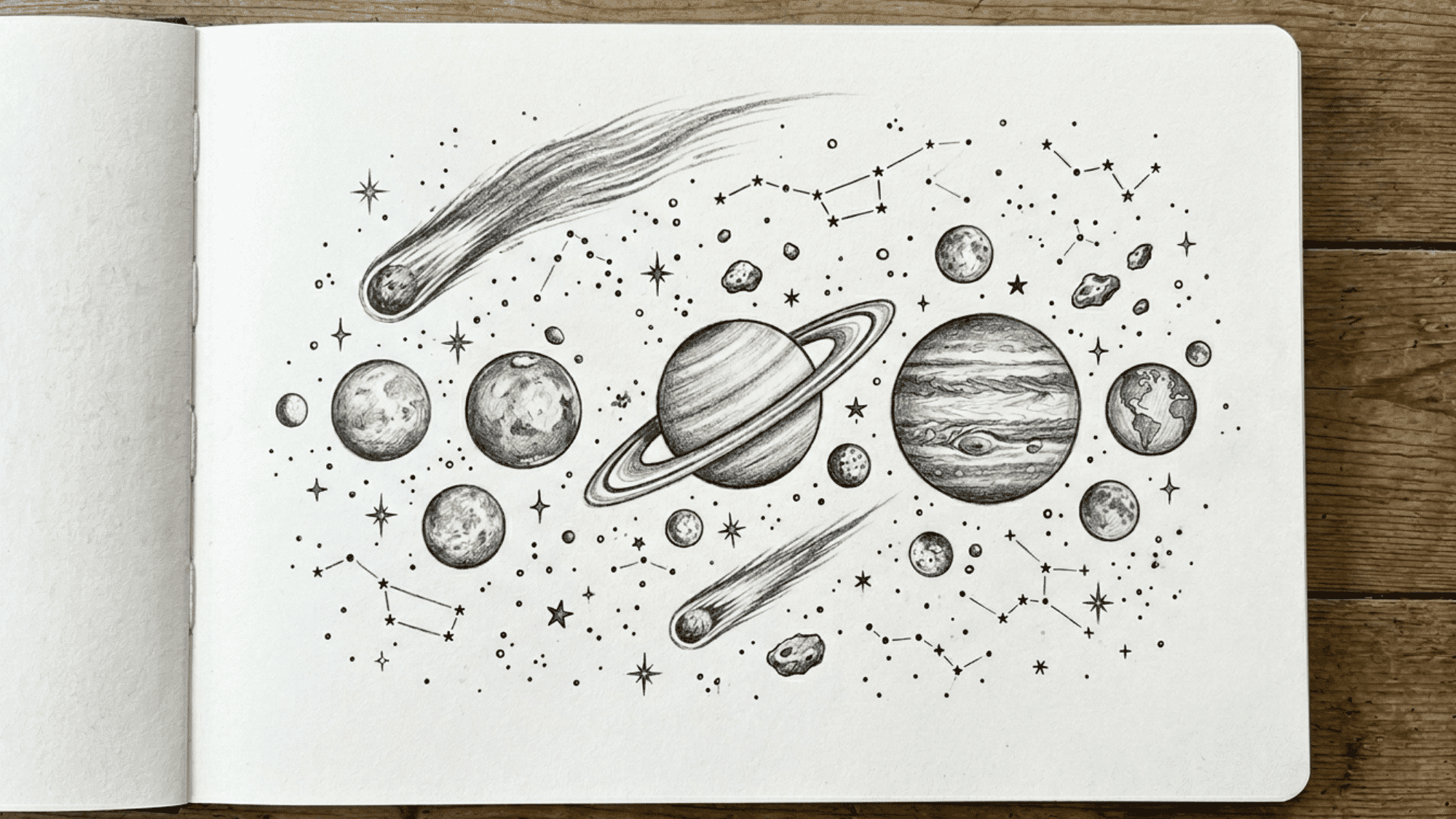 planets moons stars and comets pencil sketch with space themed details and shading
