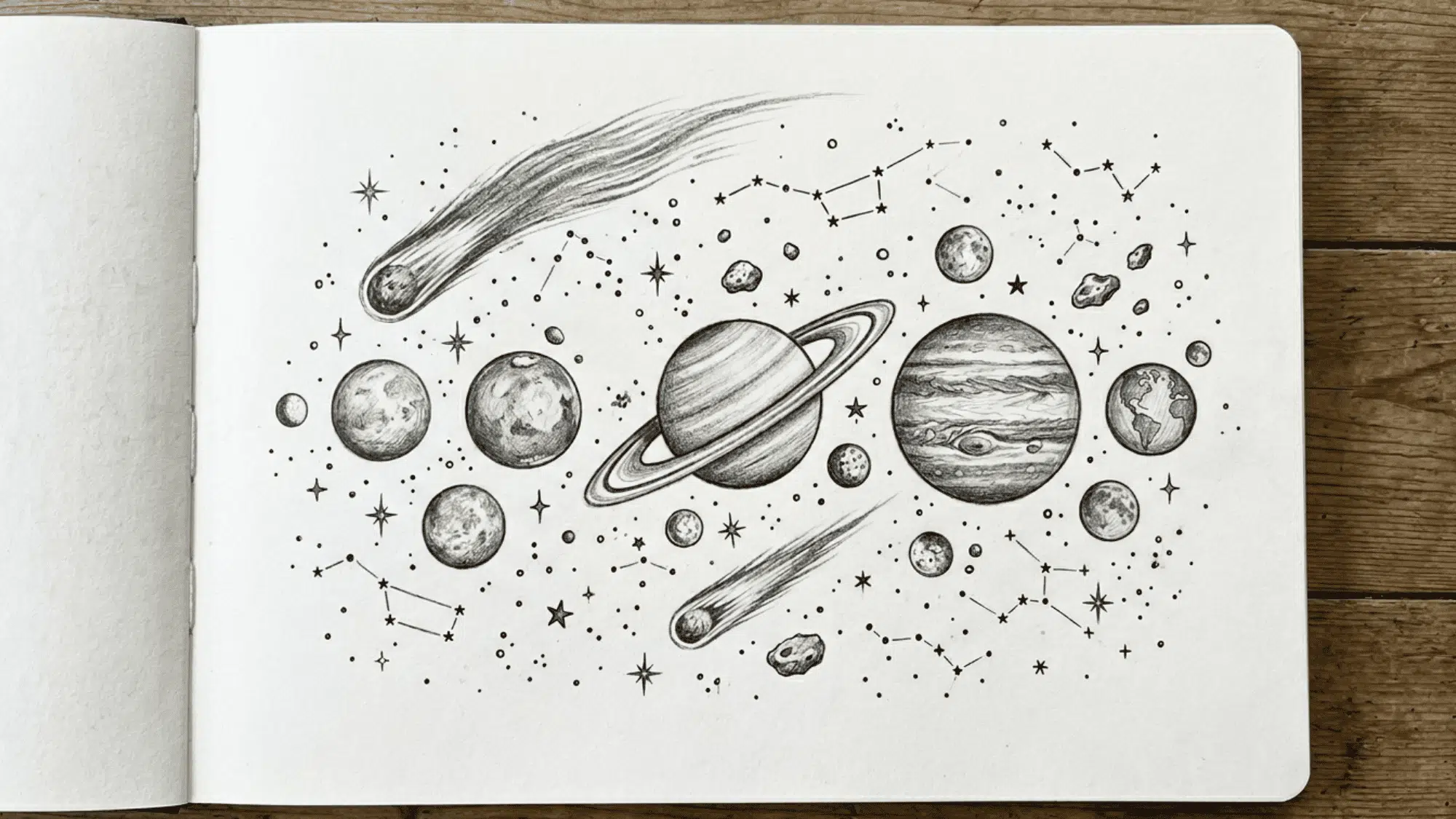 planets moons stars and comets pencil sketch with space themed details and shading