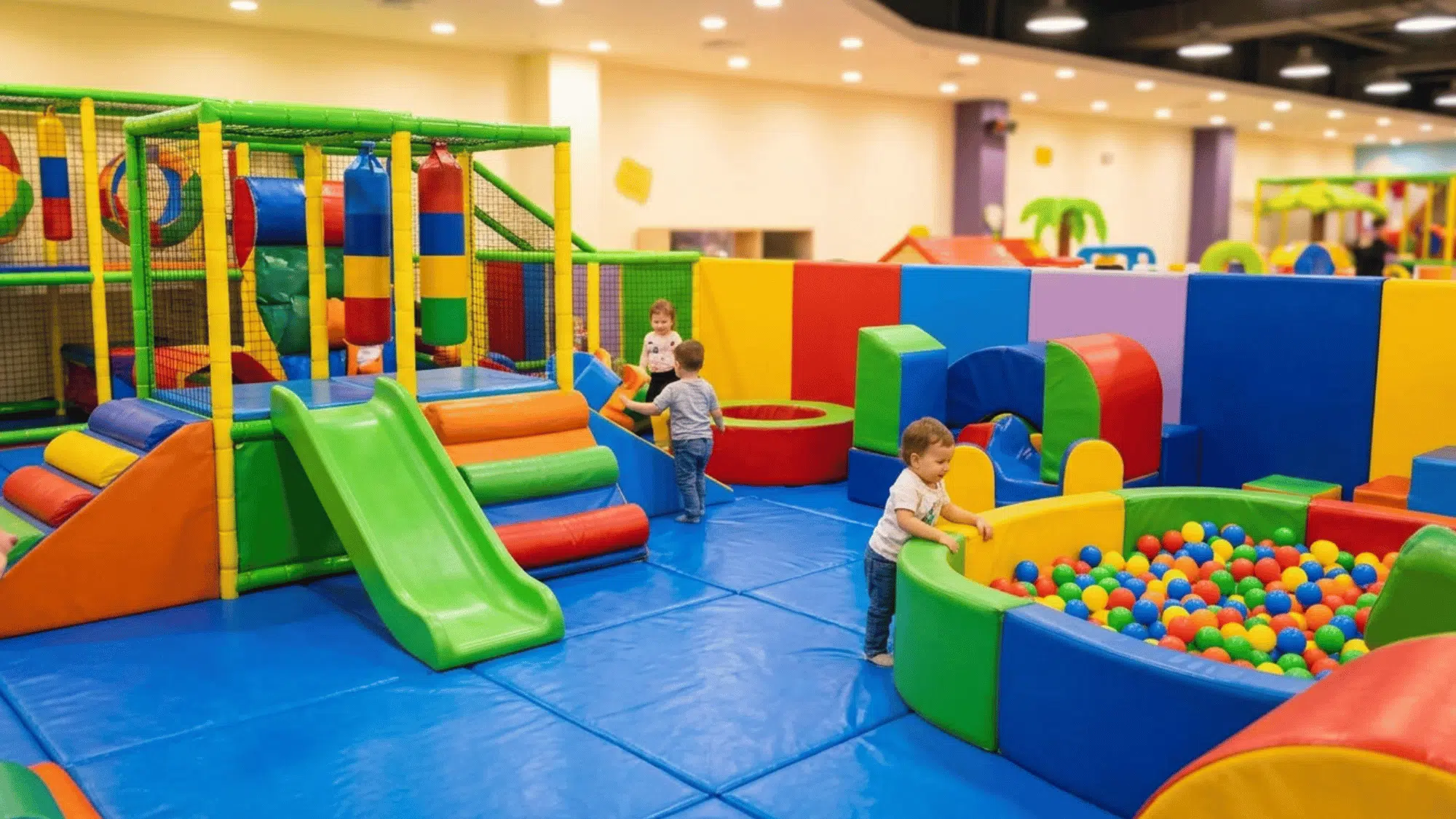 young children play among colorful soft structures, slides, and ball pits in an indoor center.