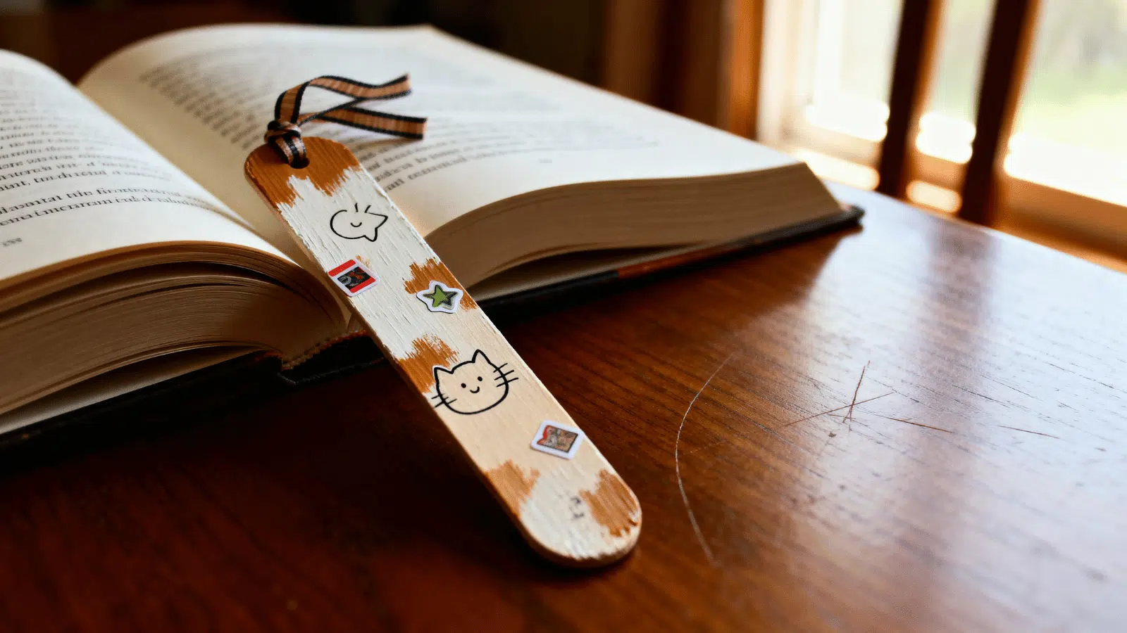painted popsicle stick bookmark with ribbon and doodles placed beside an open book on a table.