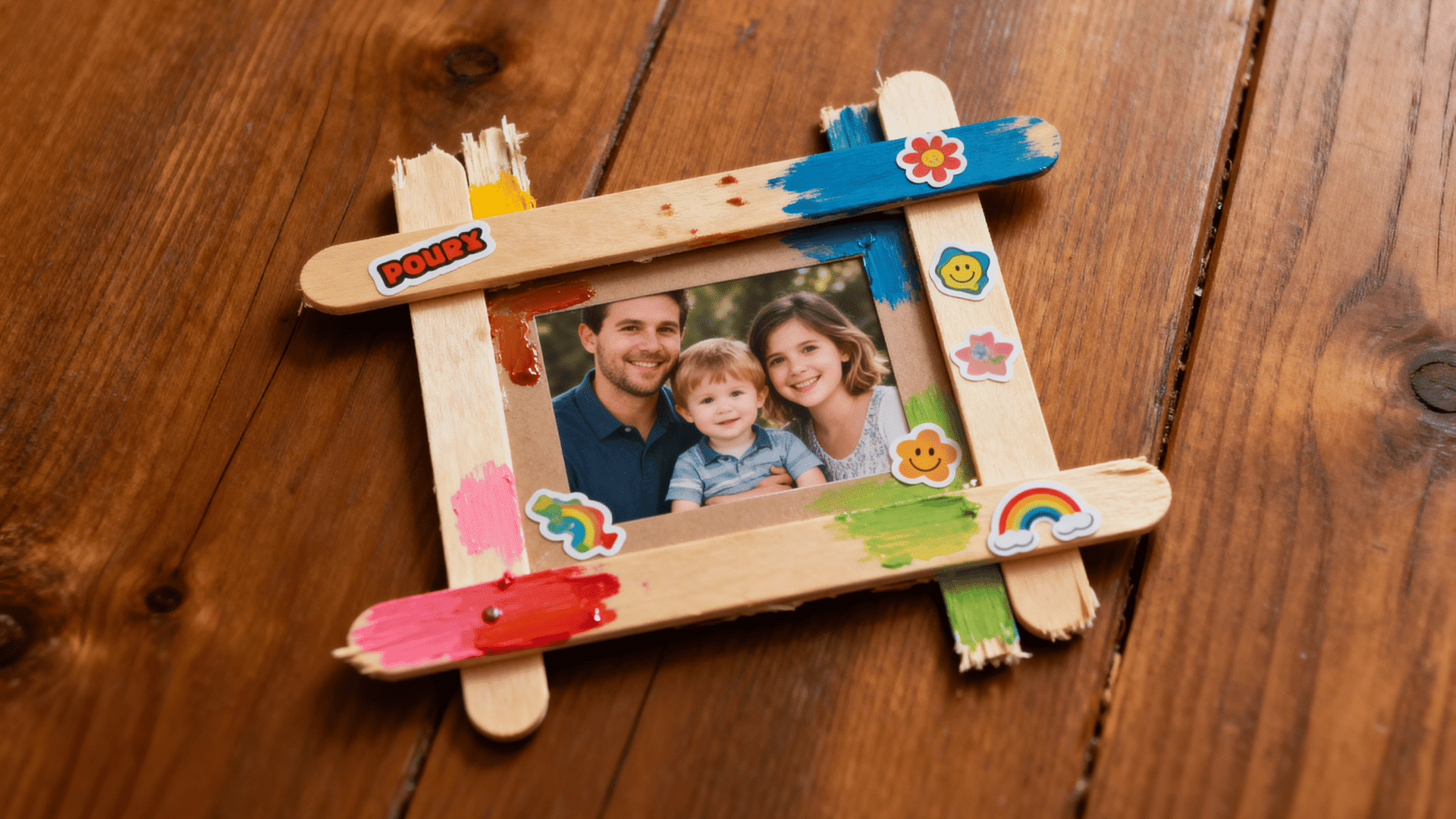 handmade popsicle stick photo frame with toddler decorations and family picture.