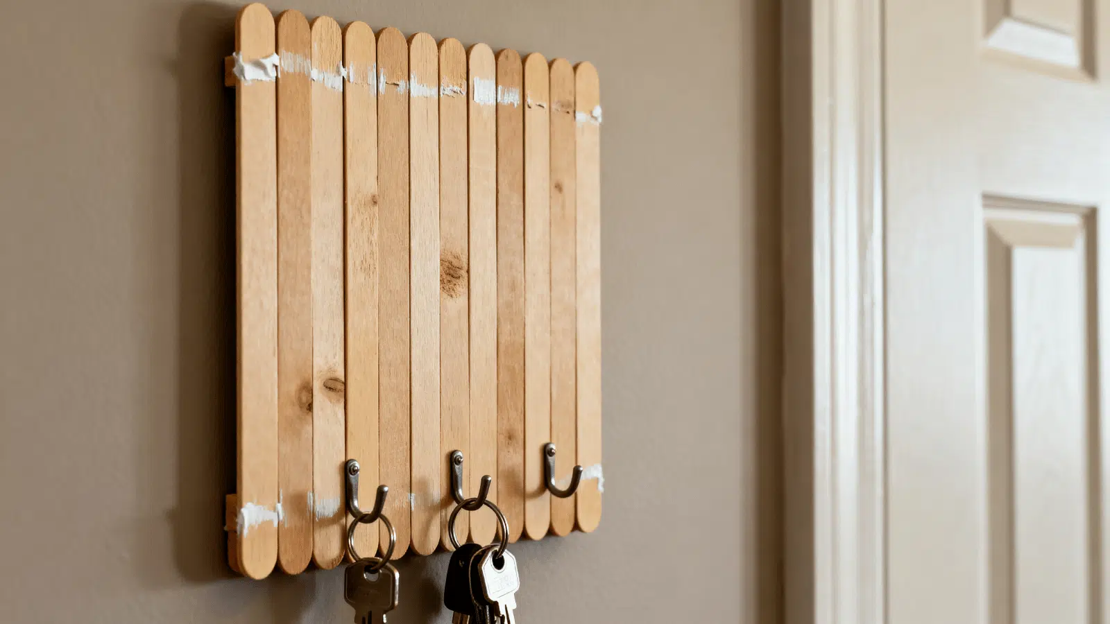 handmade popsicle stick key holder with small hooks and keys hanging near a door.