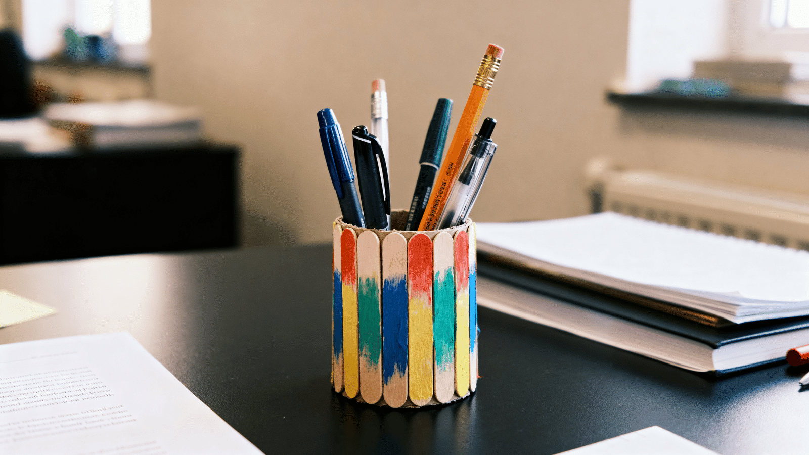 handmade popsicle stick pen stand holding pens and pencils on a study table in natural light