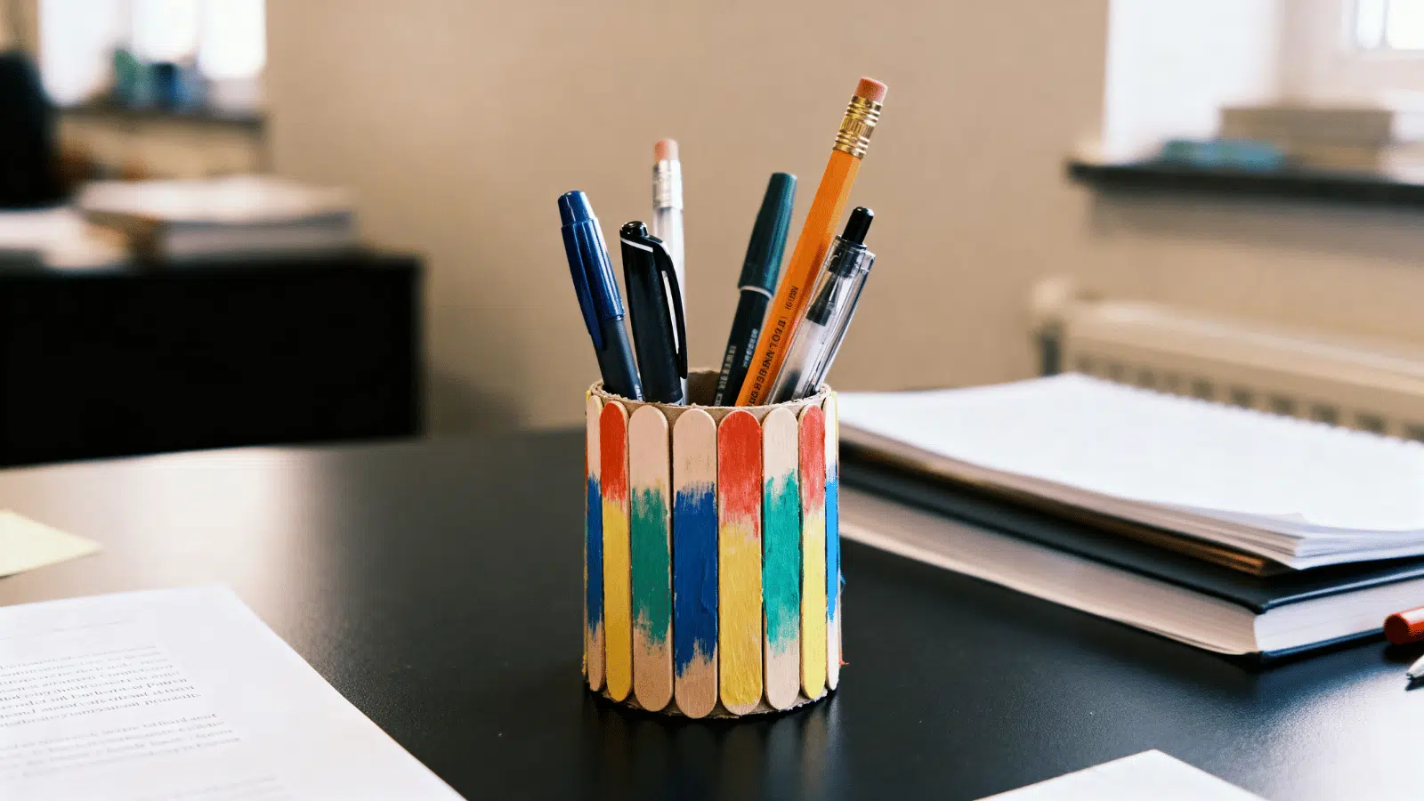handmade popsicle stick pen stand holding pens and pencils on a study table in natural light